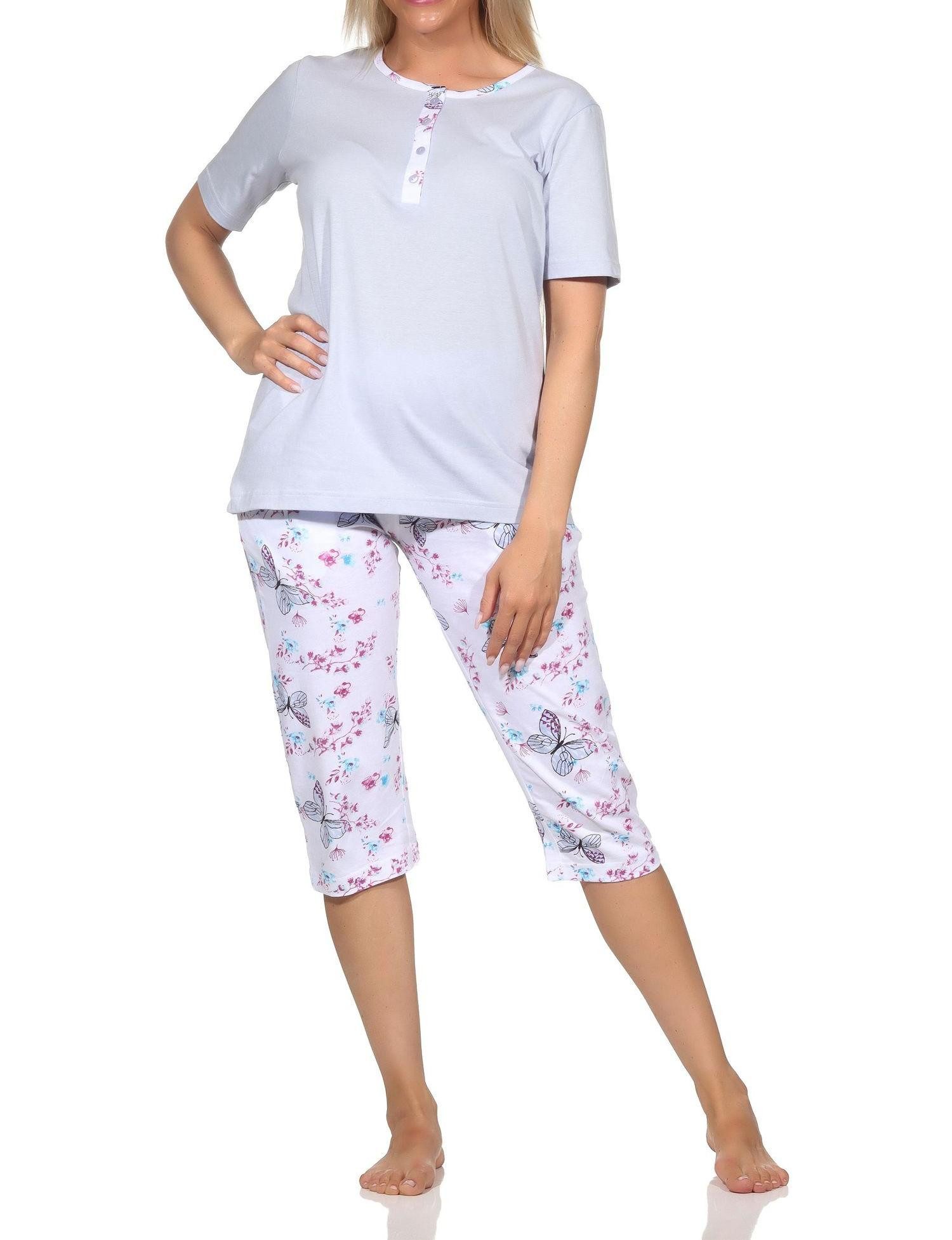 Pyjama Damen Schlafanzug kurzarm mit Capri-Hose in floralem Print