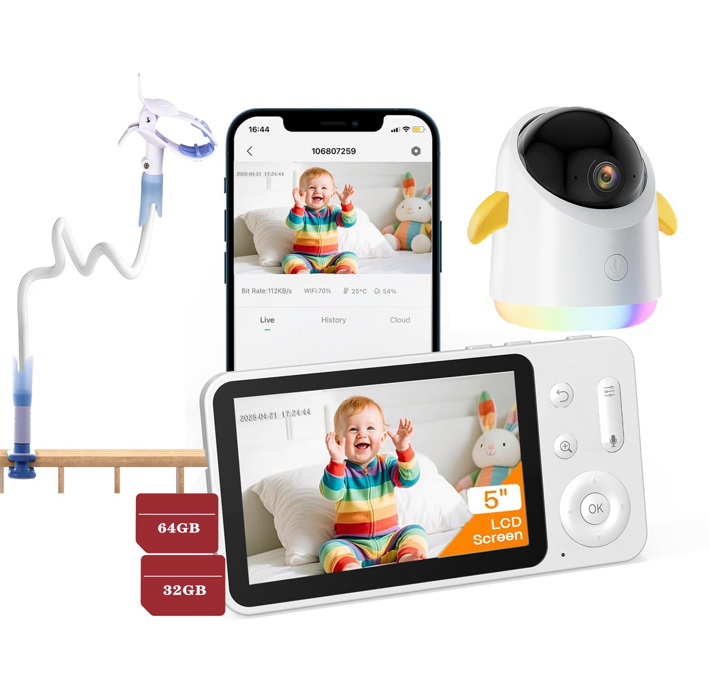Video-Babyphone 2K/5,0 Zoll WLAN Babyphone mit Kamera und App IR/RBG Nachtsicht