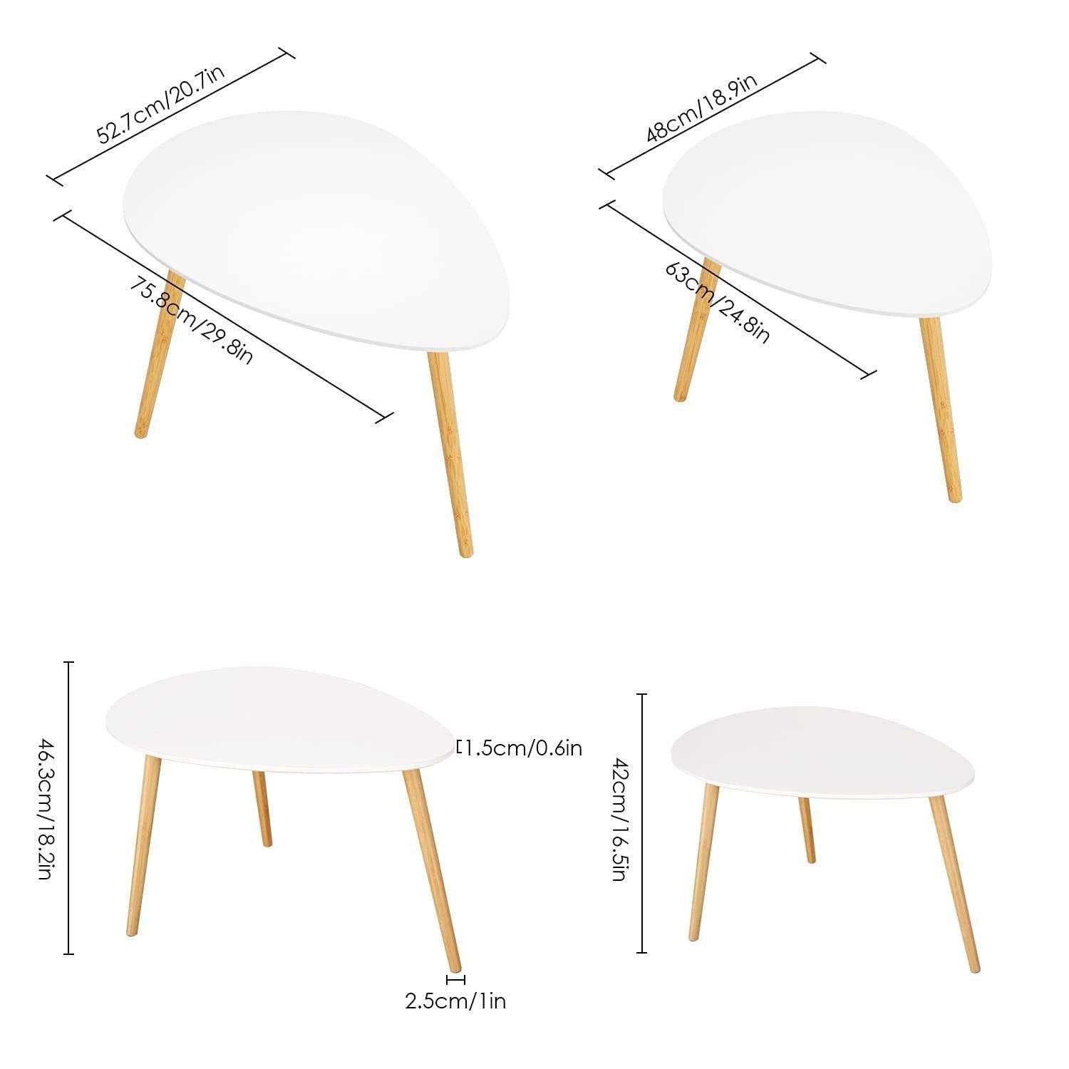 Homfa und Couchtisch, Set Klein Groß 2er Beistelltisch weiß Sofatisch