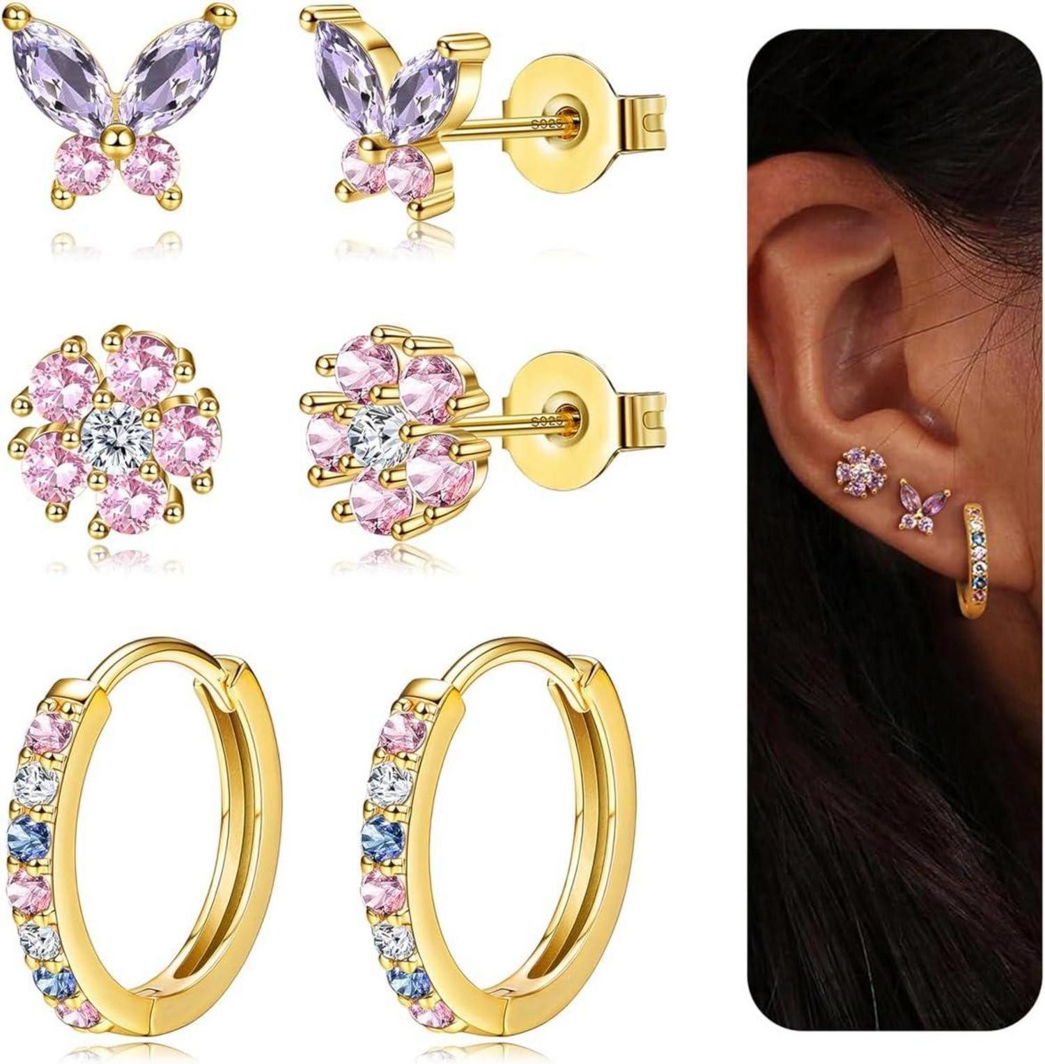 Schmuckset 3er Set Damen Ohrringe Silber Gold 925 Ohrstecker Creolen Piercings