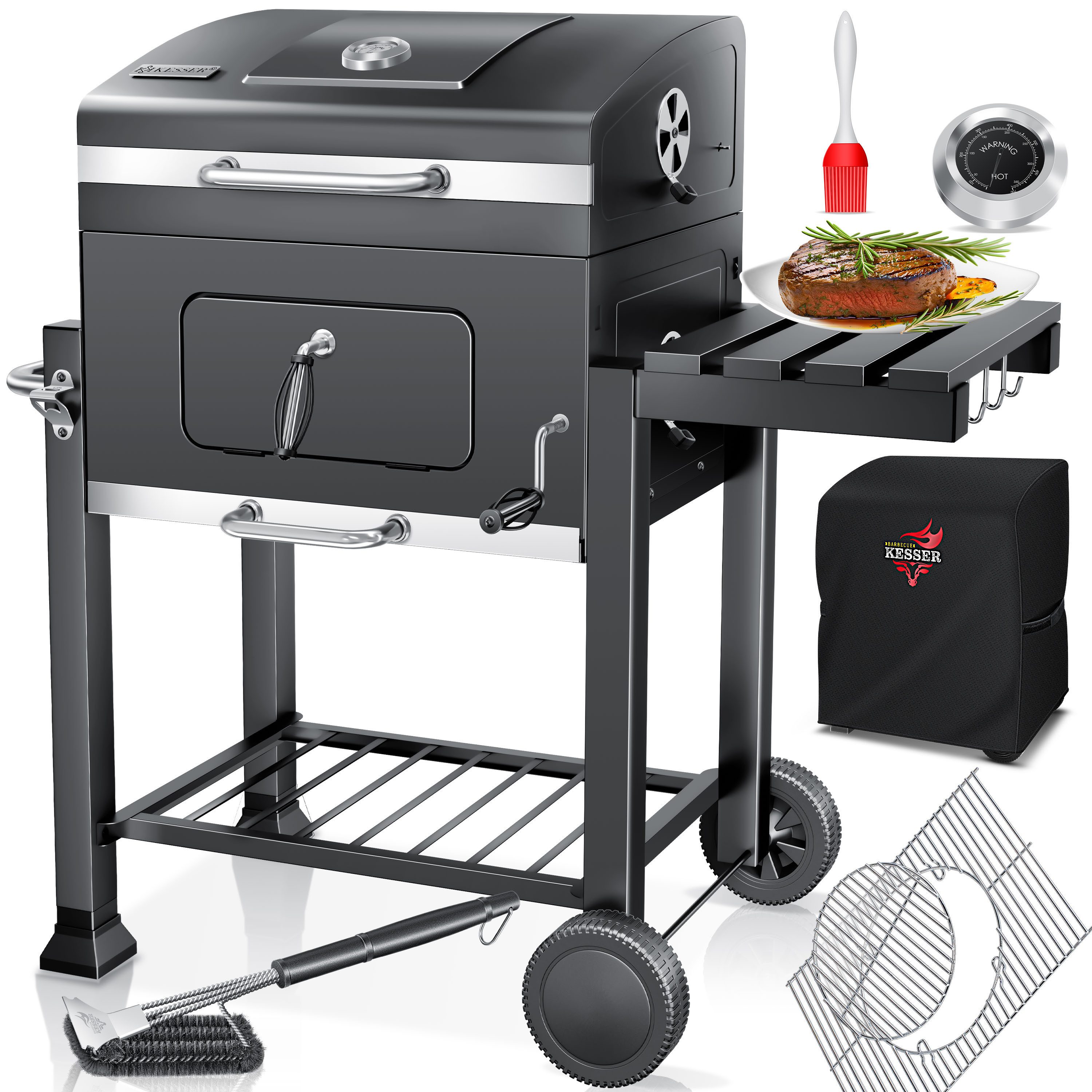 KESSER Holzkohlegrill Grillwagen BBQ Smoker XL Holzkohlegrill mit Deckel, Rädern, Edelstahl-Griff, Thermometer, Grillrost, Standgrill, Kohlegrillwagen