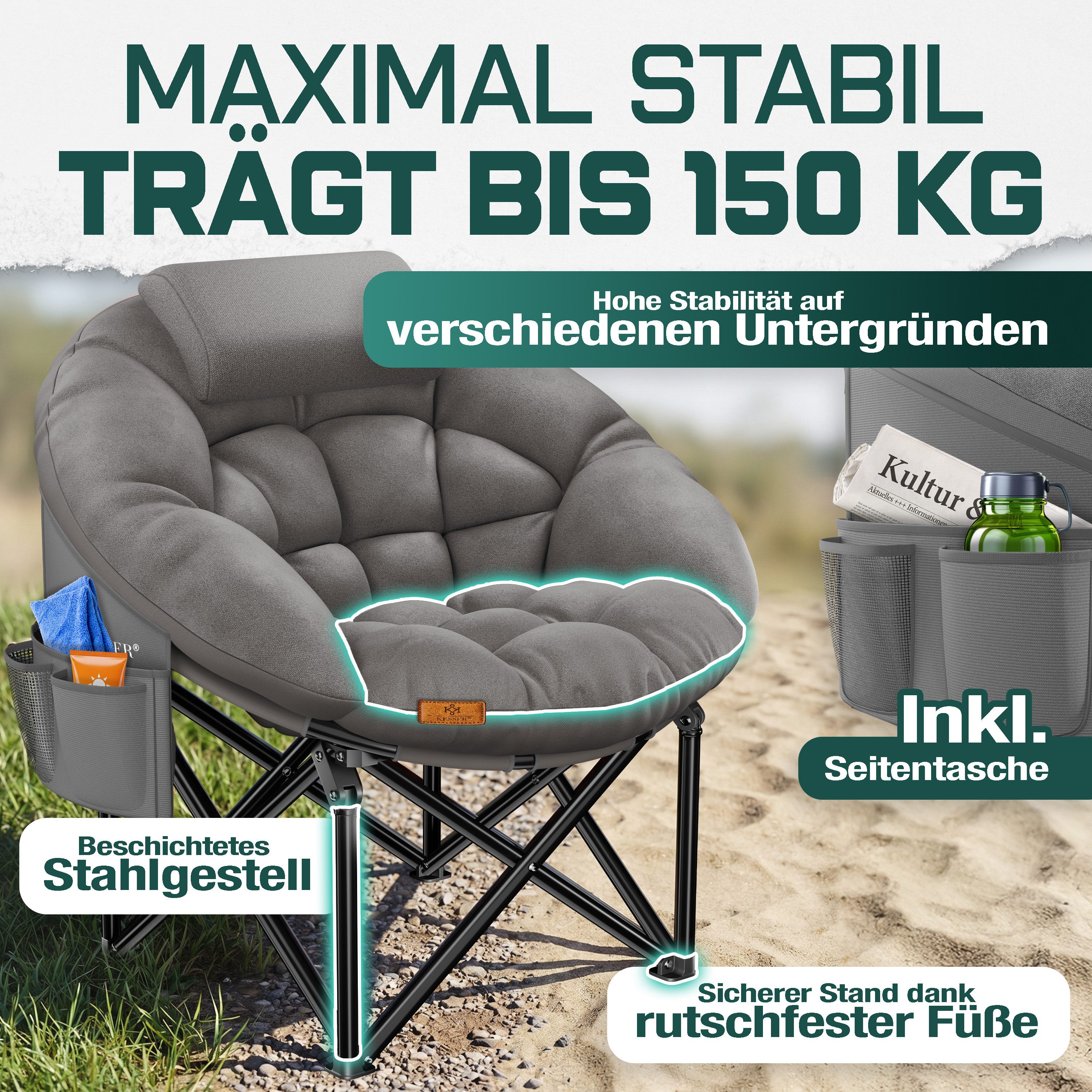 KESSER Campingstuhl XXL faltbar, bis 150 kg, inkl. Kissen, Seitentasche & Cover, Outdoor + Indoor für Camping, Angeln, Festival & Strand – Bild 5 von 5