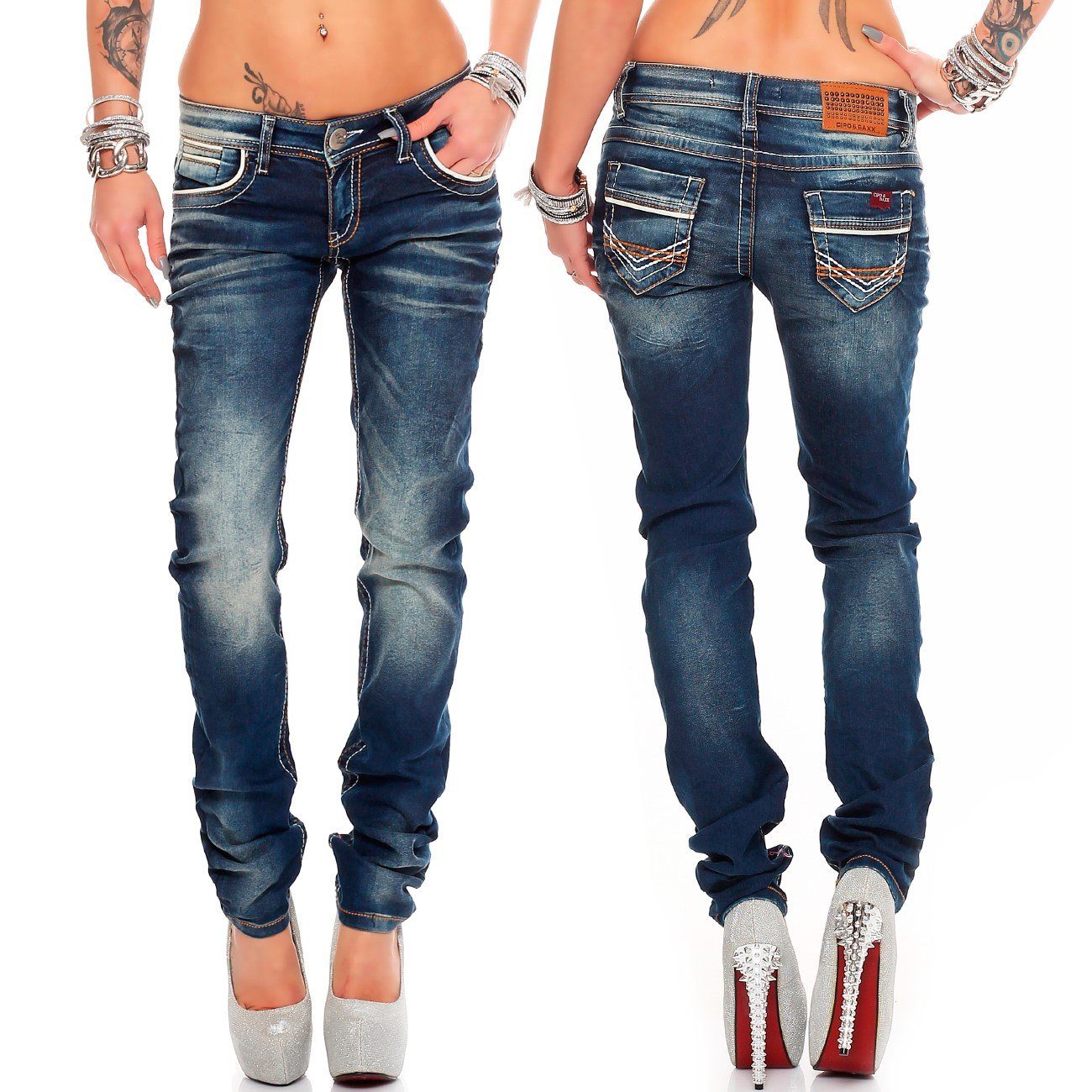 Cipo & Baxx 5-Pocket-Jeans Damen Slim Fit Hose Stonewashed BA-WD256 (1-tlg) Stonewashed mit Farbigen Nähten in Casual – Bild 4 von 4