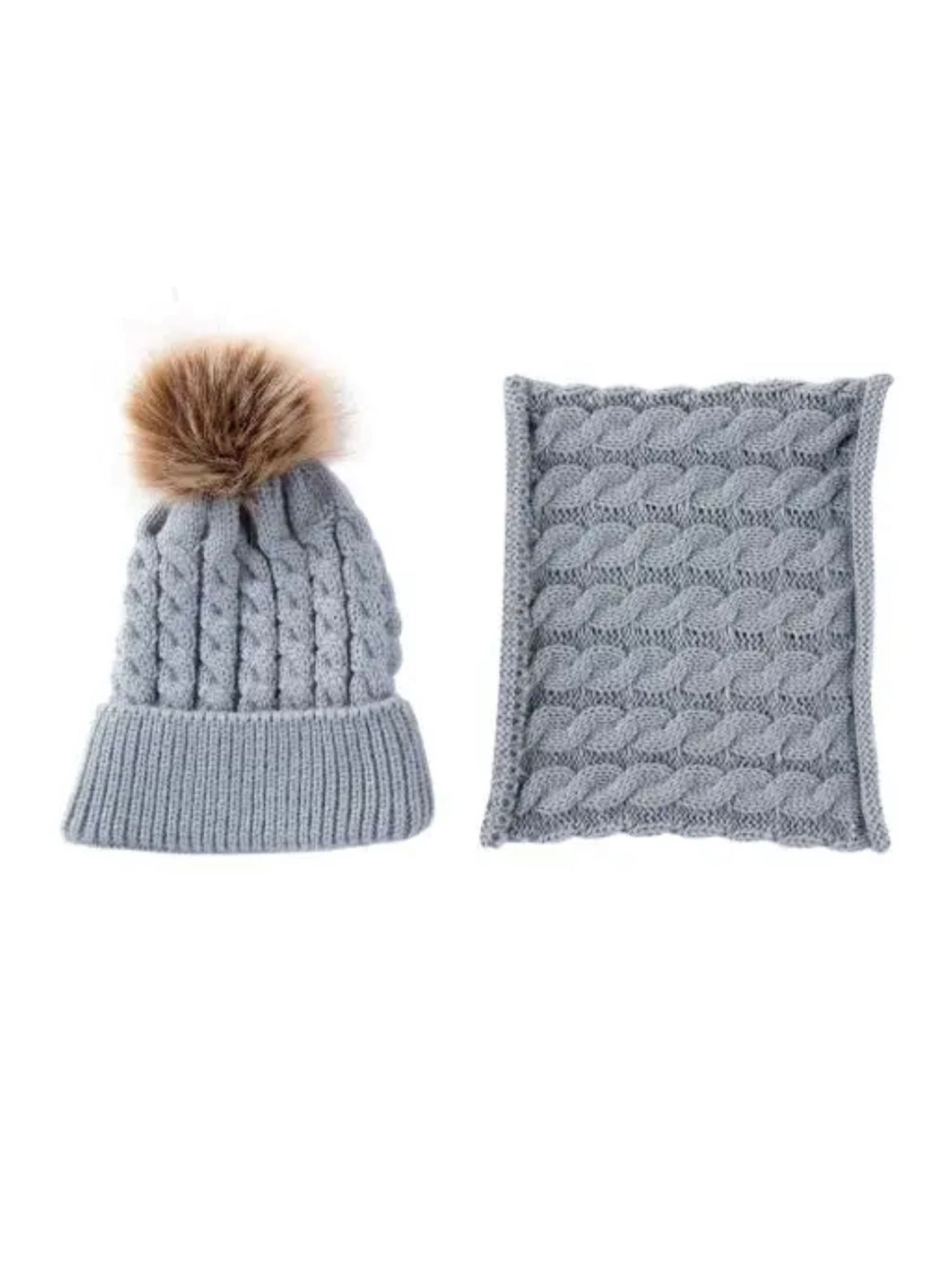 Botells Mütze & Schal Strick Set für Babys, kuschelig weich, warm und anschmiegsam (Fellimitat Bommel Mütze und Loop Schal, 2) Schickes Strickdesign