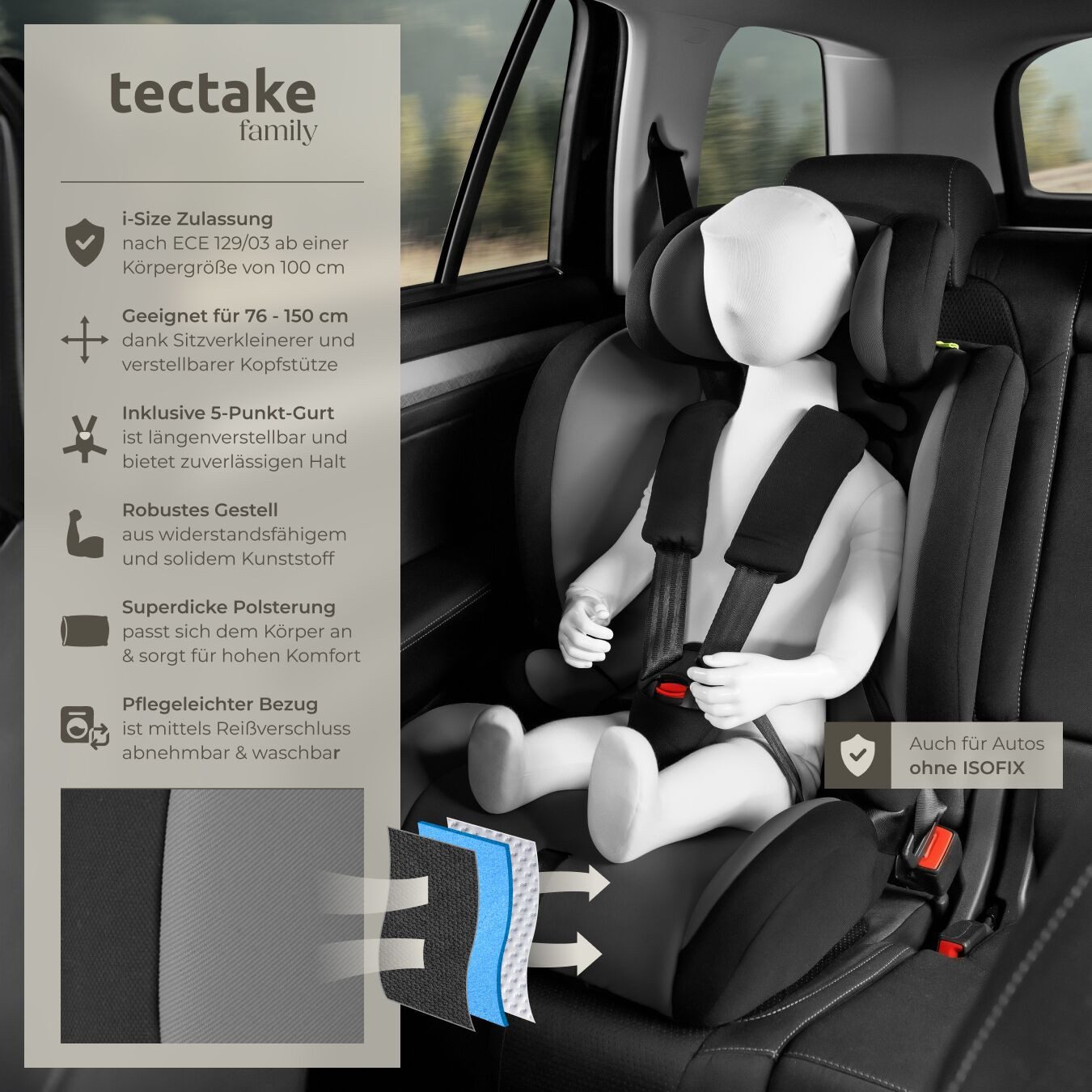 tectake Autokindersitz Sicherheitssitz, 76–150 cm, Belastbarkeit 36 kg, (Autositz für Kinder Sophie), i-Size, Seitenaufprallschutz, Sitzverkleinerer