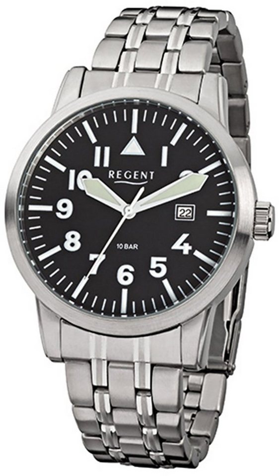 Regent Quarzuhr Regent Herren-Armbanduhr silber Analog, Herren Armbanduhr  rund, groß (ca. 42mm), Edelstahlarmband, Leuchtzeiger