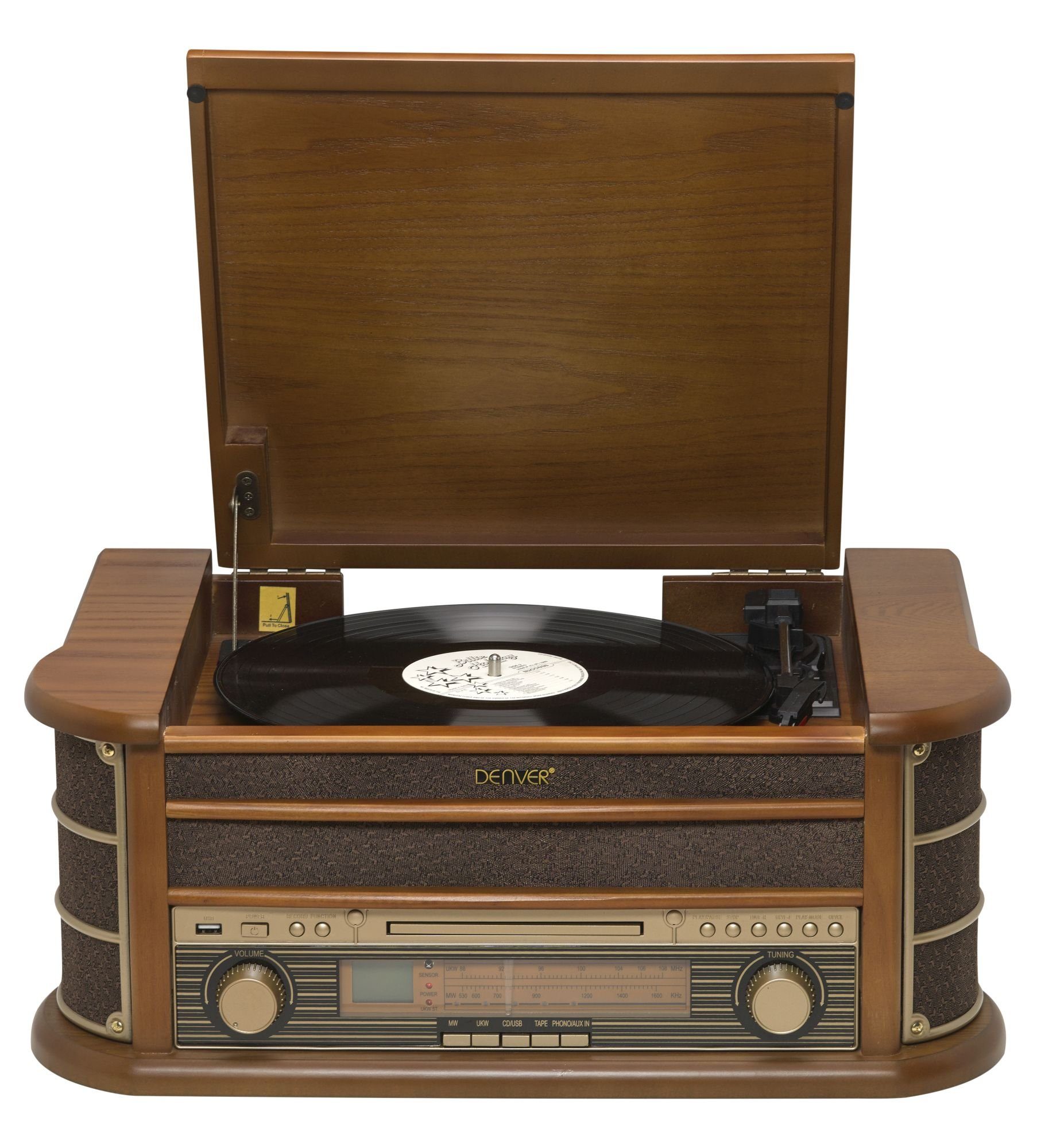 Denver MCR-50MK2 Retro Plattenspieler aus Holz mit Radio Kassette Soundbox Radioplattenspieler (Riemenantrieb, CD Player mit MP3 Wiedergabe, USB für MP3 Wiedergabe und Aufnahme, Kassettendeck auf der Seite des Geräts, AM/FM Radio mit Antenne, LCD Display mit blauer Beleuchtung)