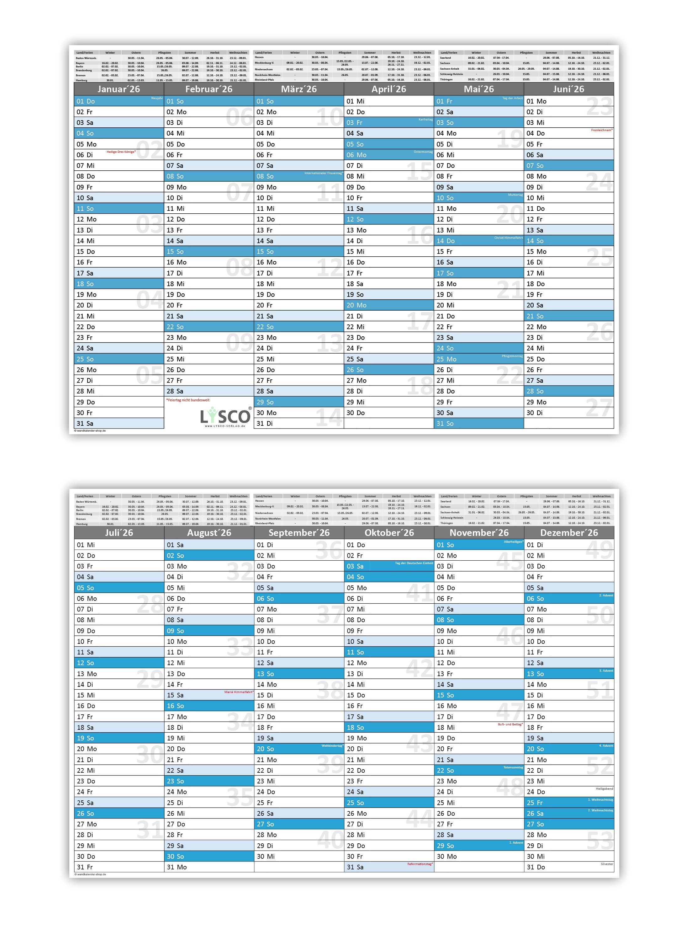 LYSCO Tischkalender Tafelkalender 2026 - 2025 + 2026, DIN A3 / A4 / A5 300g Papier, Tafelkalender für das Jahr 2026 in verschiedenen Stückzahlen und Formaten, sehr gut beschreibbar
