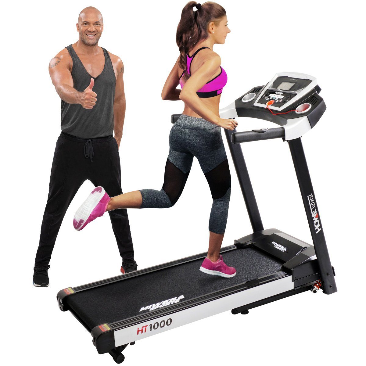 Miweba Sports Laufband Profi Sportgerät HT1000F - 16 km/h - 6% Steigung - klappbar (Treadmill, Trainingsgerät, Fitnessgerät, Heimtrainer, Speedrunner, Fitness, Workout, 1-tlg., 120 kg Traglast, 12 Laufprogramme, 4 Quick-Speed Programme, Steigungsverstellung bis 6%, 3.5 PS, LCD-Display, Handy- & Tablethalterung, Safety-Key mit Klemme, Getränkehalter, 1.300 W Motor, stoßgedämpfte Lauffläche, Pulsmessung), Fitnessgeräte Sportgeräte für Zuhause elektrisch Schwarz