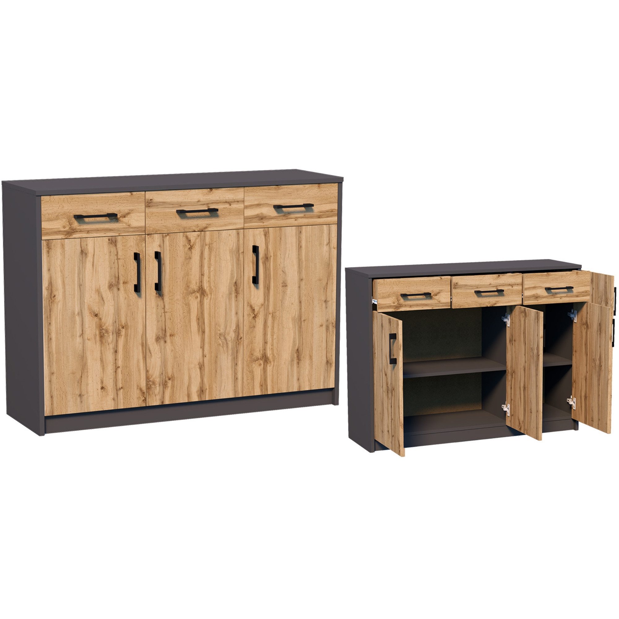 Home Collective Kommode mit 3 Schubladen und 3 Türen in matter Ausführung, Kommode 110cm (mit hochwertigen Polymergriffen, Hergestellt aus laminierten Platten, Metallrollen mit Auszugsperre), Holz Schrank Kommode mit Schubladen graphit Eiche