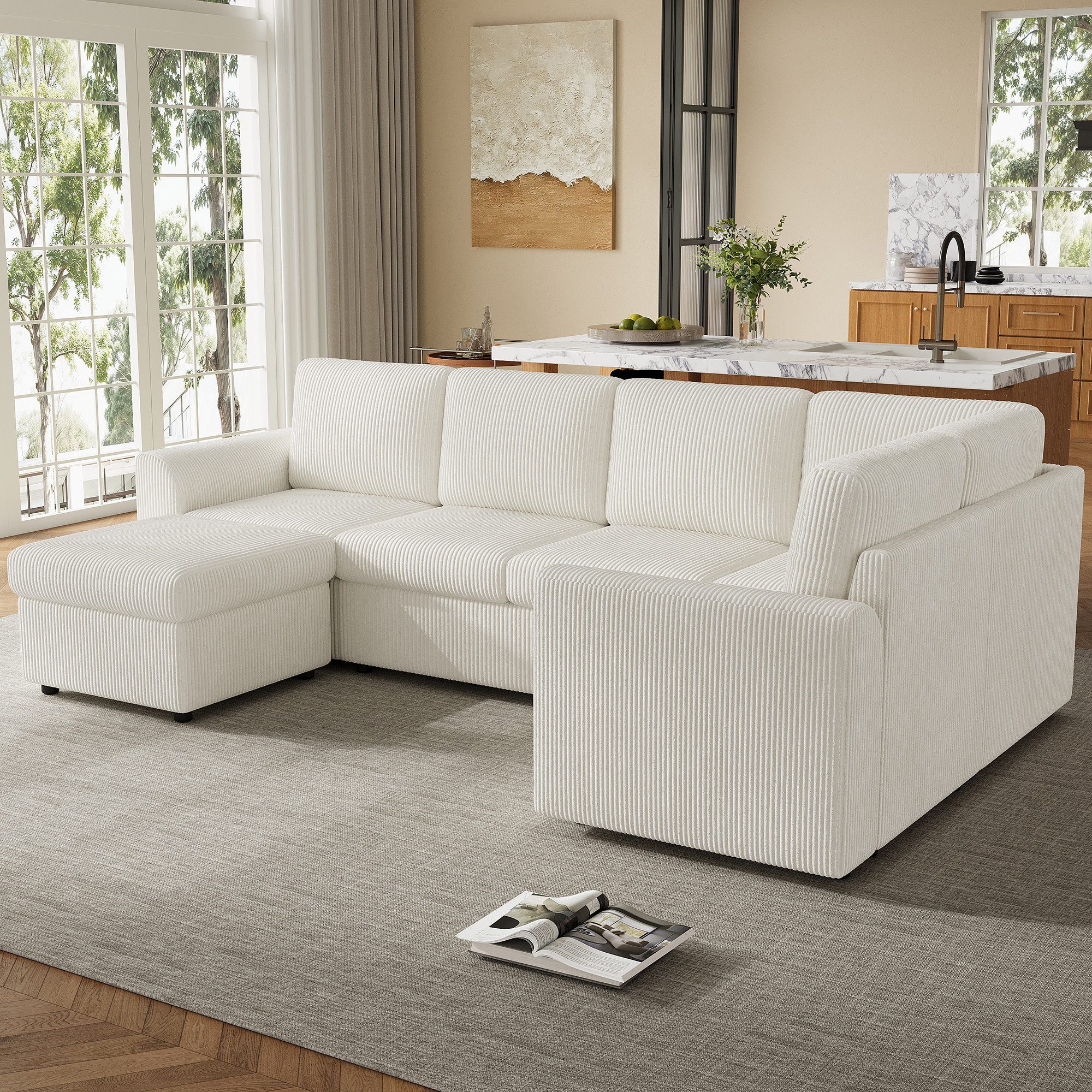 Flieks Ecksofa L-förmig inkl. beweglicher multifunktionaler Hocker mit Stauraum, Hocker mit umklappbaren Deckel als Couchtisch, L282/T153/H85 cm, 6-Sitzer Sofa mit Schlaffunktion Eckcouch Beige, Corduroystoff
