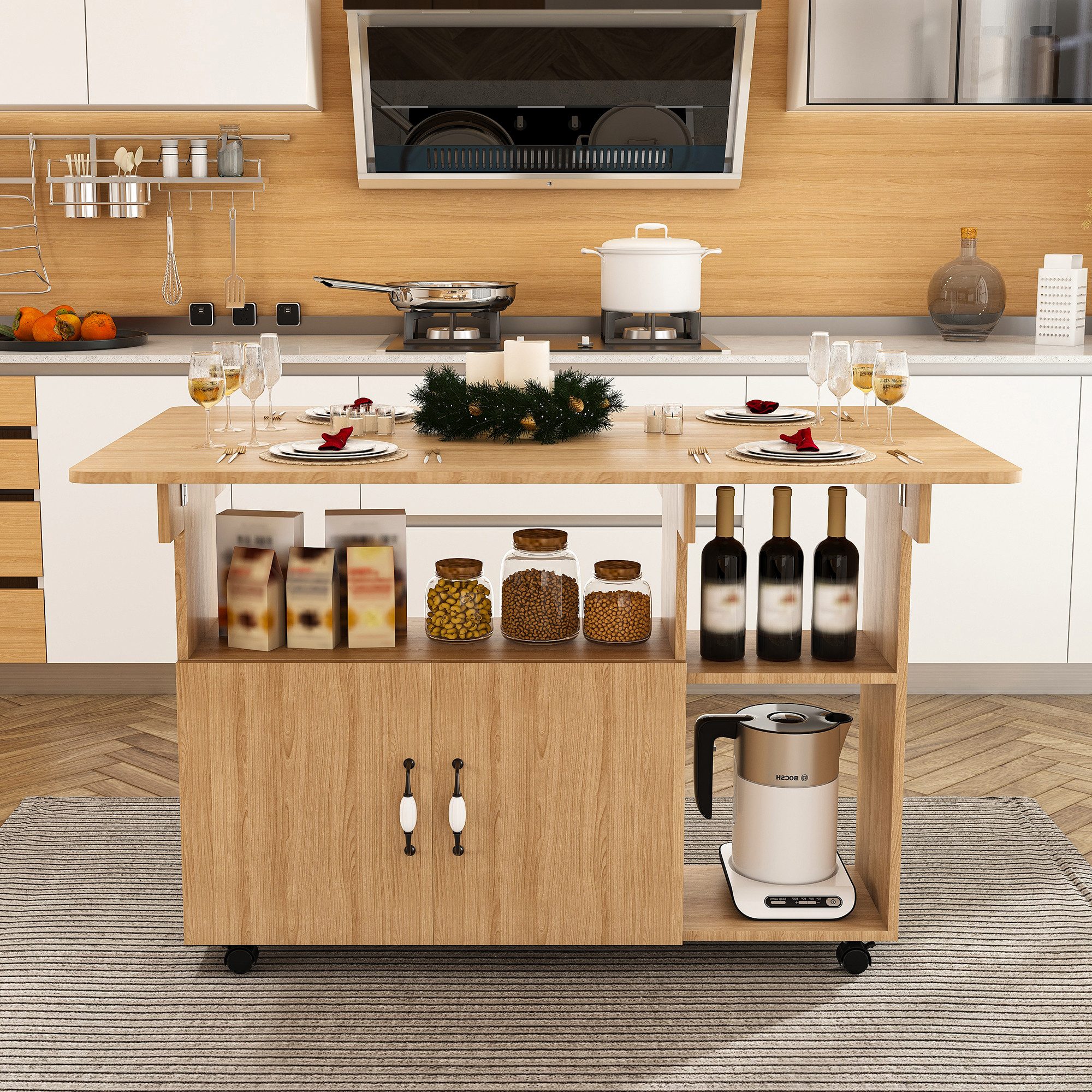 Odikalo Kücheninsel Küchenwagen Rechteckiger klappbarer mobiler Esstisch 110x70x80 cm, (multifunktional mit 5 Ablageböden und 5 Lenkrollen (4 feststellbar), platzsparend für Küche, Wohnung, Büro, Studentenheim)