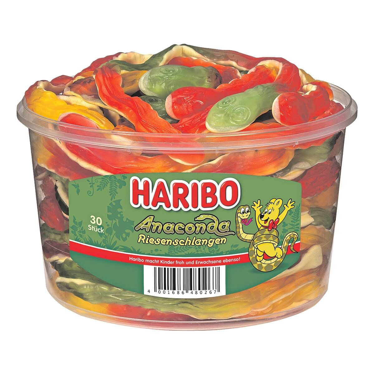 HARIBO Süßigkeit Anaconda Riesenschlangen, Fruchtgummi mit Schaumzucker, 35 cm lang, 30 Stück