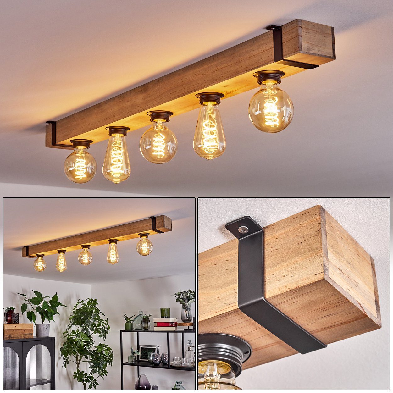 moderne Deckenleuchte 5x Leuchtmittel, Schwarz/Natur, Holzbalken, im Leuchtmittel Industrial-Style, E27. in aus Deckenlampe Metall/Holz hofstein ohne ohne