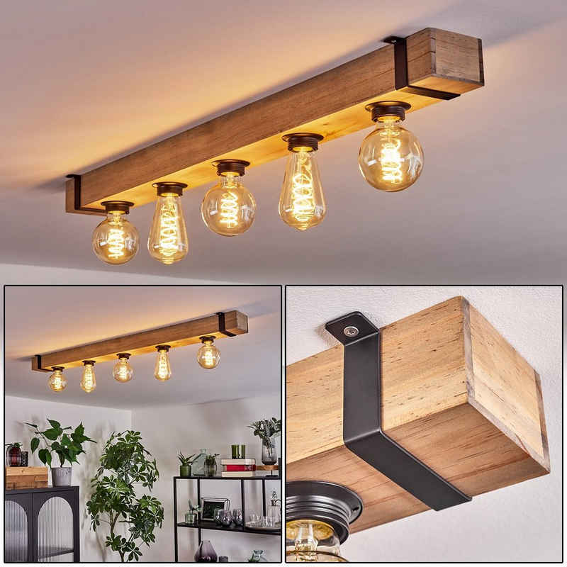 hofstein Deckenleuchte moderne Deckenlampe aus Metall/Holz in Schwarz/Natur, ohne Leuchtmittel, im Industrial-Style, Holzbalken, 5x E27. ohne Leuchtmittel