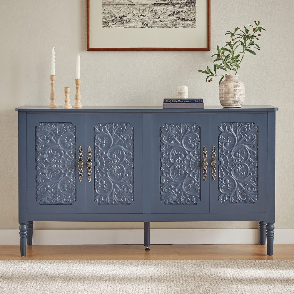BBG Anrichte Sideboard mit Relief-Schnitzdekor, 160 cm breit, großzügigem Stauraum, Vintage-Aufbewahrungsschrank mit Türen, abgerundeten Kanten