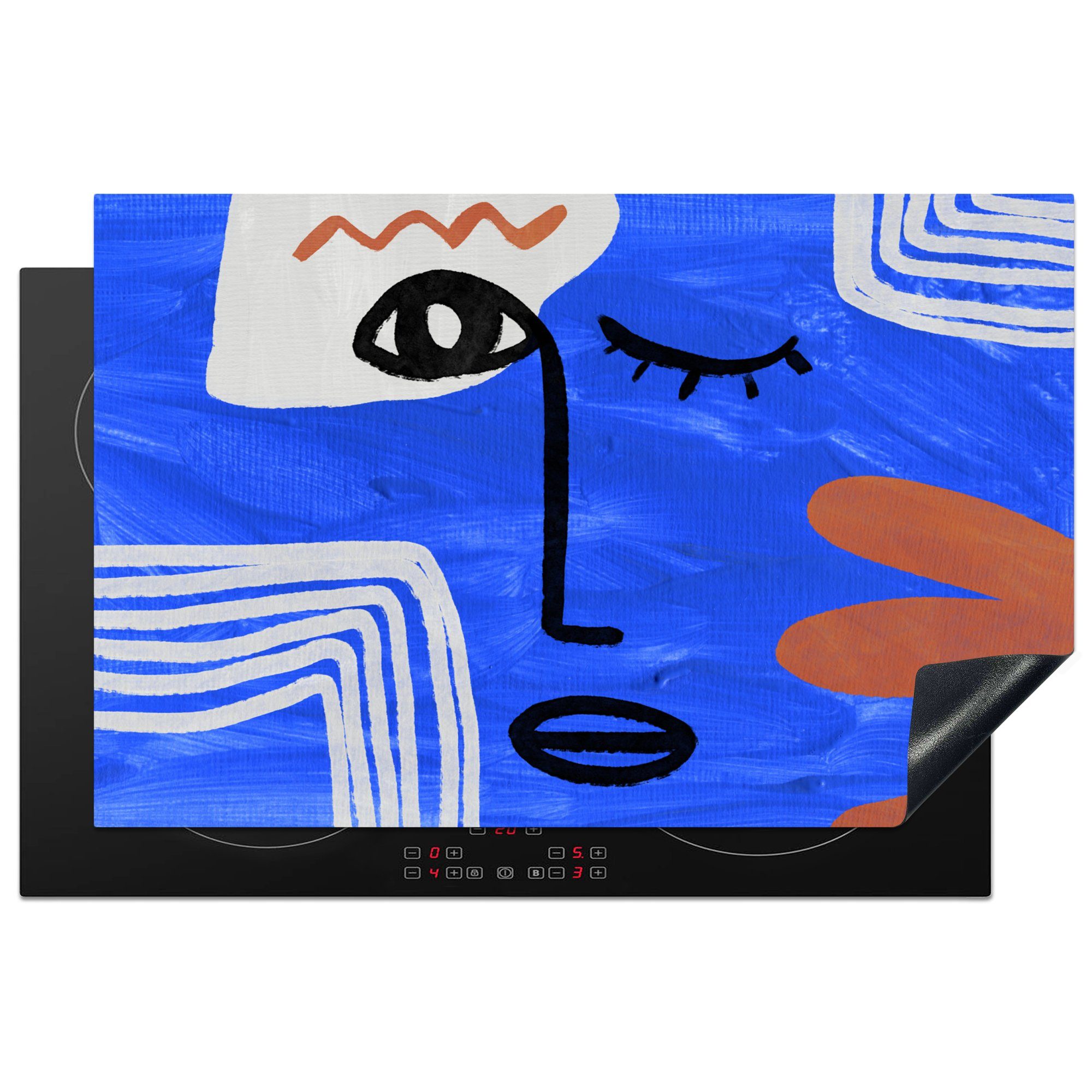 MuchoWow Herdblende-/Abdeckplatte Gesicht - Blau - Abstrakt, Vinyl, (1 tlg), 81x52 cm, Induktionskochfeld Schutz für die küche, Ceranfeldabdeckung