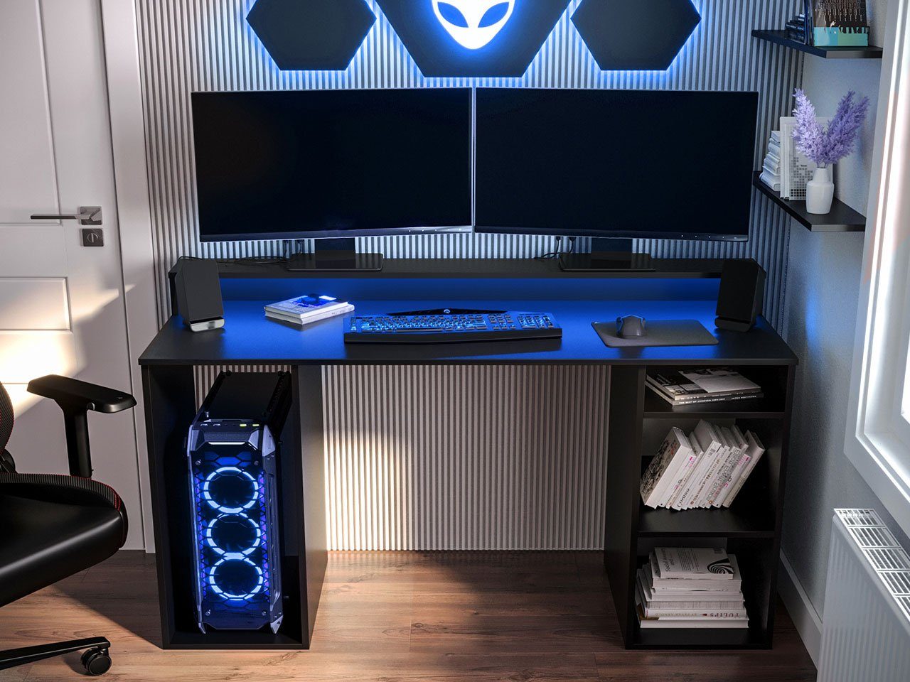 MIRJAN24 Schreibtisch Gamer I (mit Beleuchtung LED RGB), Monitor Regal, Gaming Stil