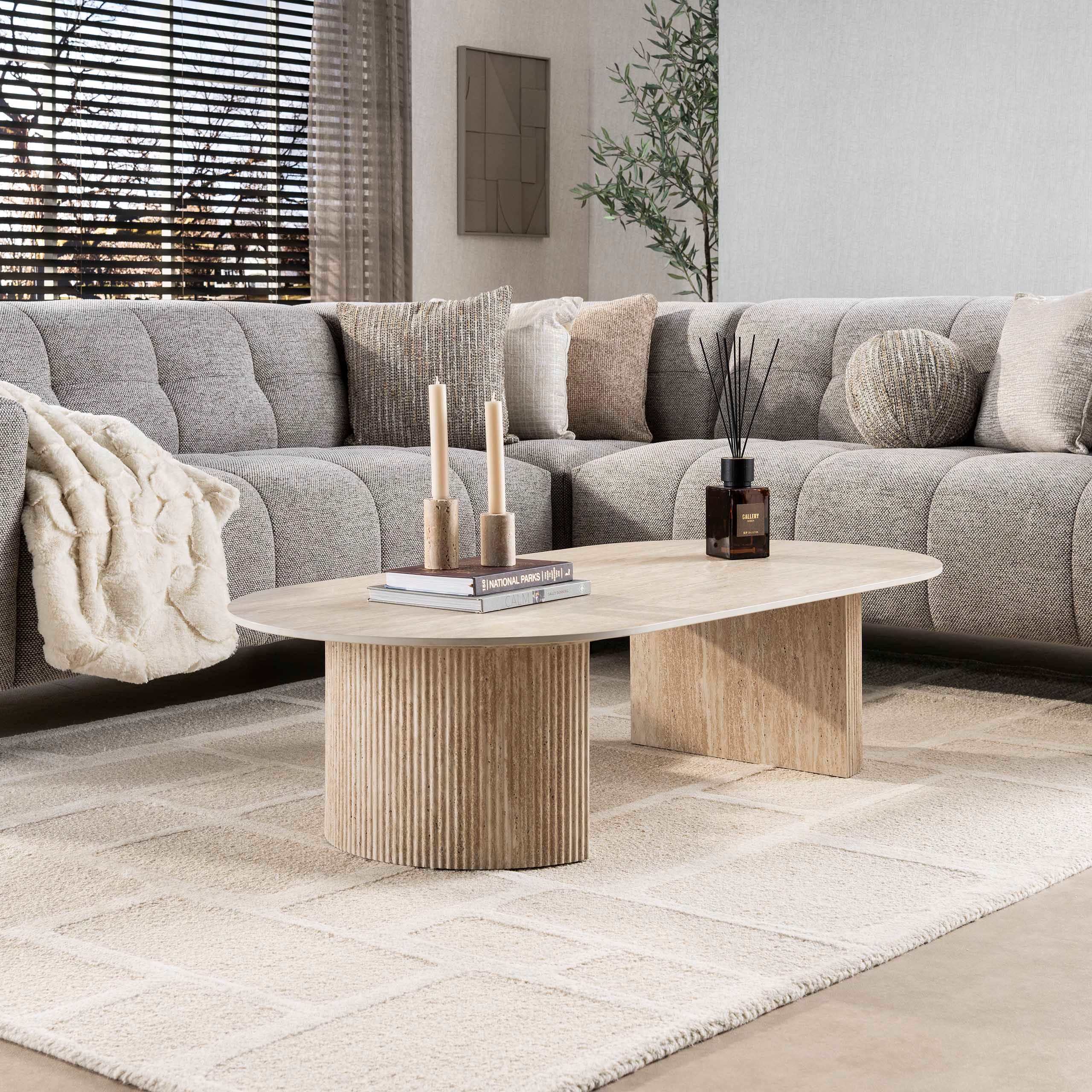 LEVEN Lifestyle Couchtisch Sofatisch FLORENZO Eleganz in Travertin-Optik 135 cm oval, hochwertige Keramik-Tischplatte im Travertin Look