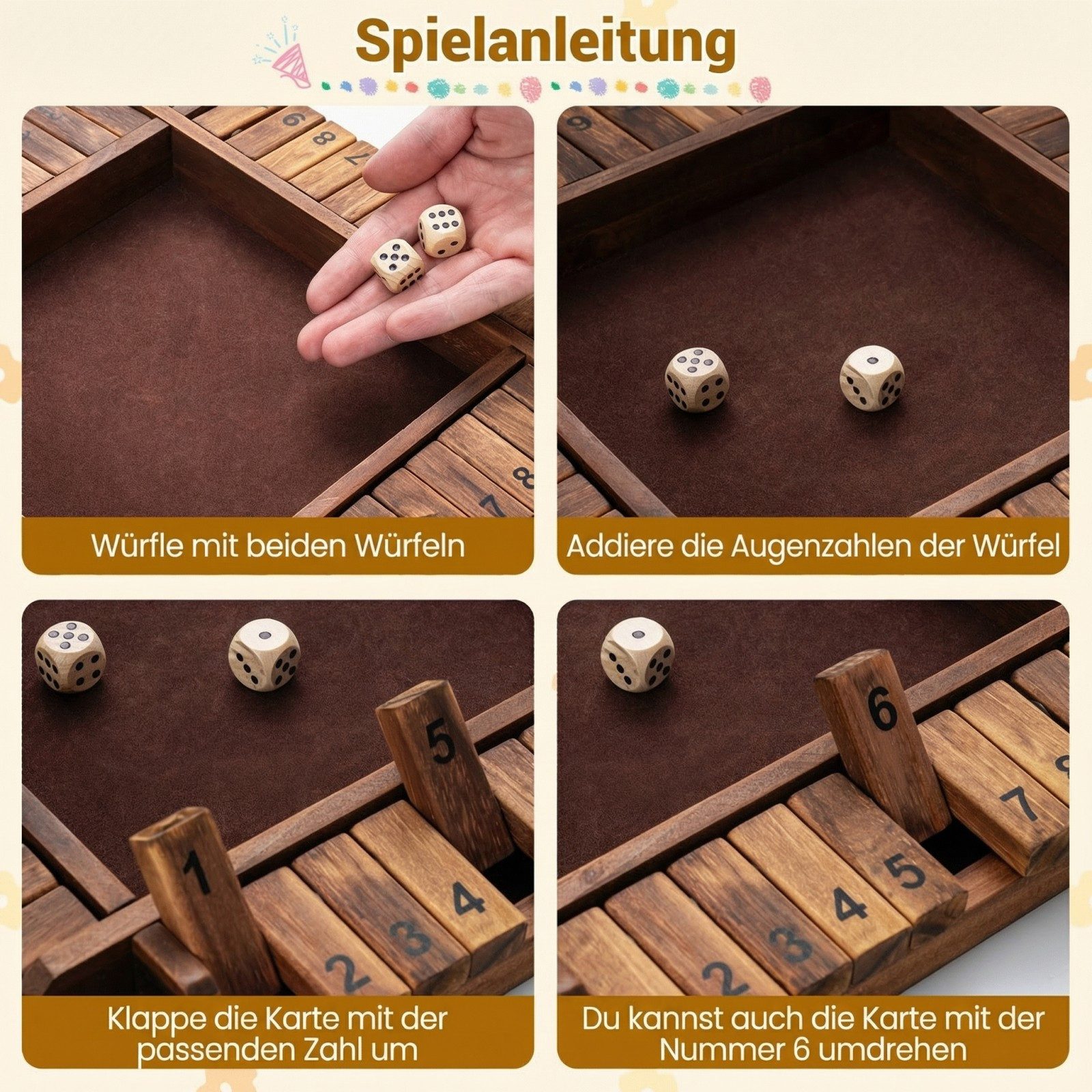 COSTWAY Spiel, Shut The Box Spiel, 2-4 Spieler Würfelspiel Holz, Brettspiel