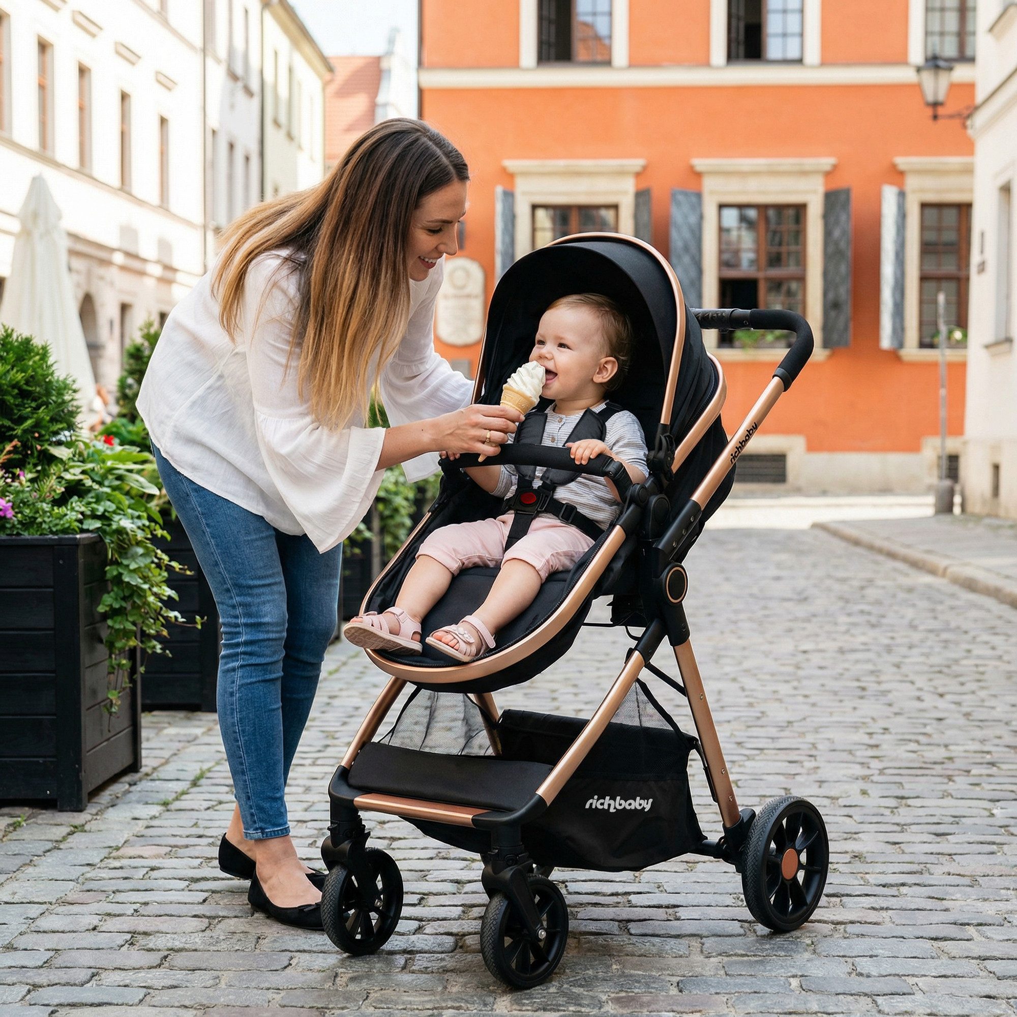Odikalo Kombi-Kinderwagen EXQUISE V8A Kombi-Kinderwagen (umwandelbar zur Babywanne), (kompakt zusammenklappbar, mit hoher Sitzposition, verstellbarem Verdeck & Sicherheitsfunktionen – für Babys von 0 bis 36 Monaten)