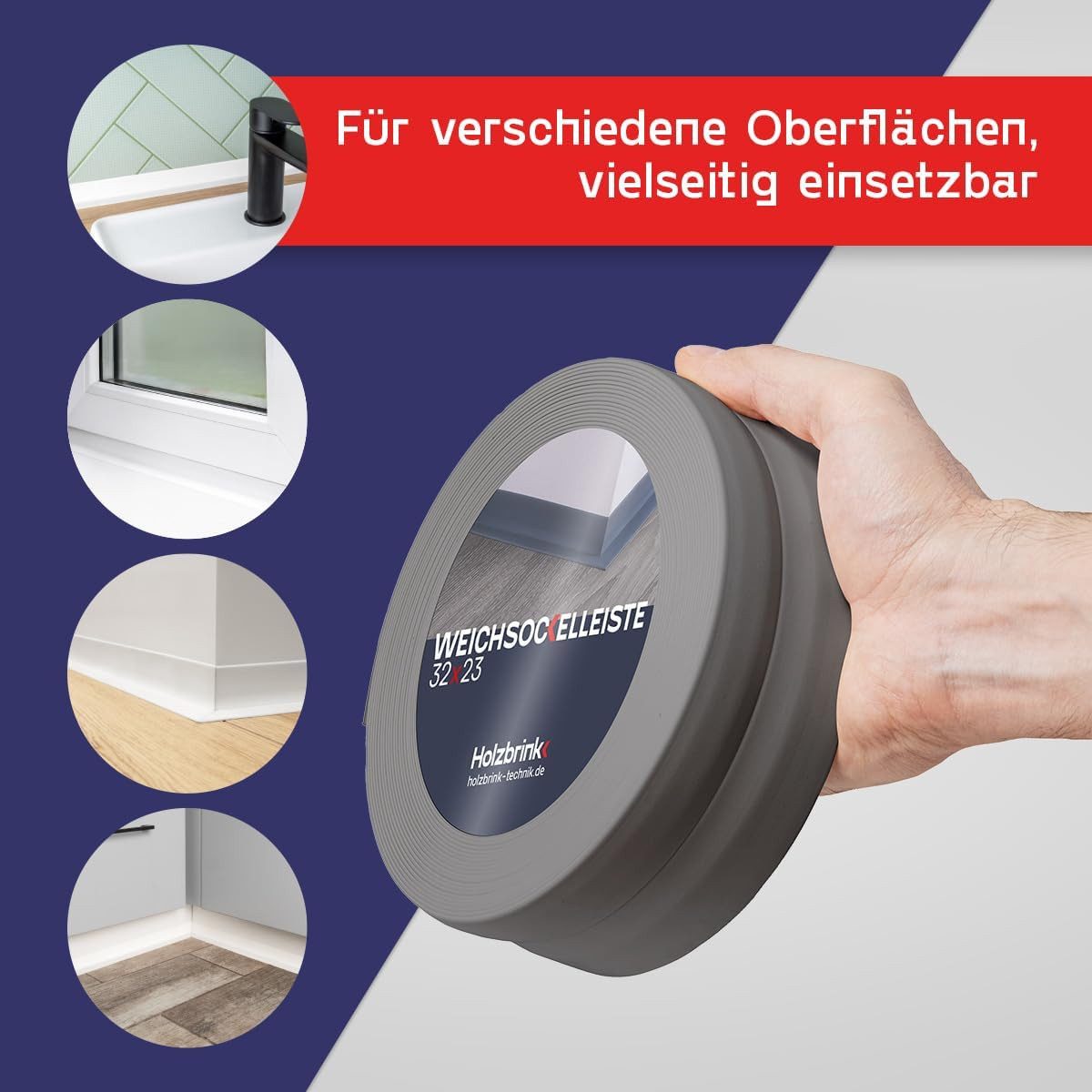 HOLZBRINK Sockelleiste HOLZBRINK selbstklebend PVC 32x23mm, 1 m, L: 100 cm, 1m Rolle, Küchenleiste Abschlussleiste für Badezimmer Farbe: Hellgrau – Bild 4 von 5
