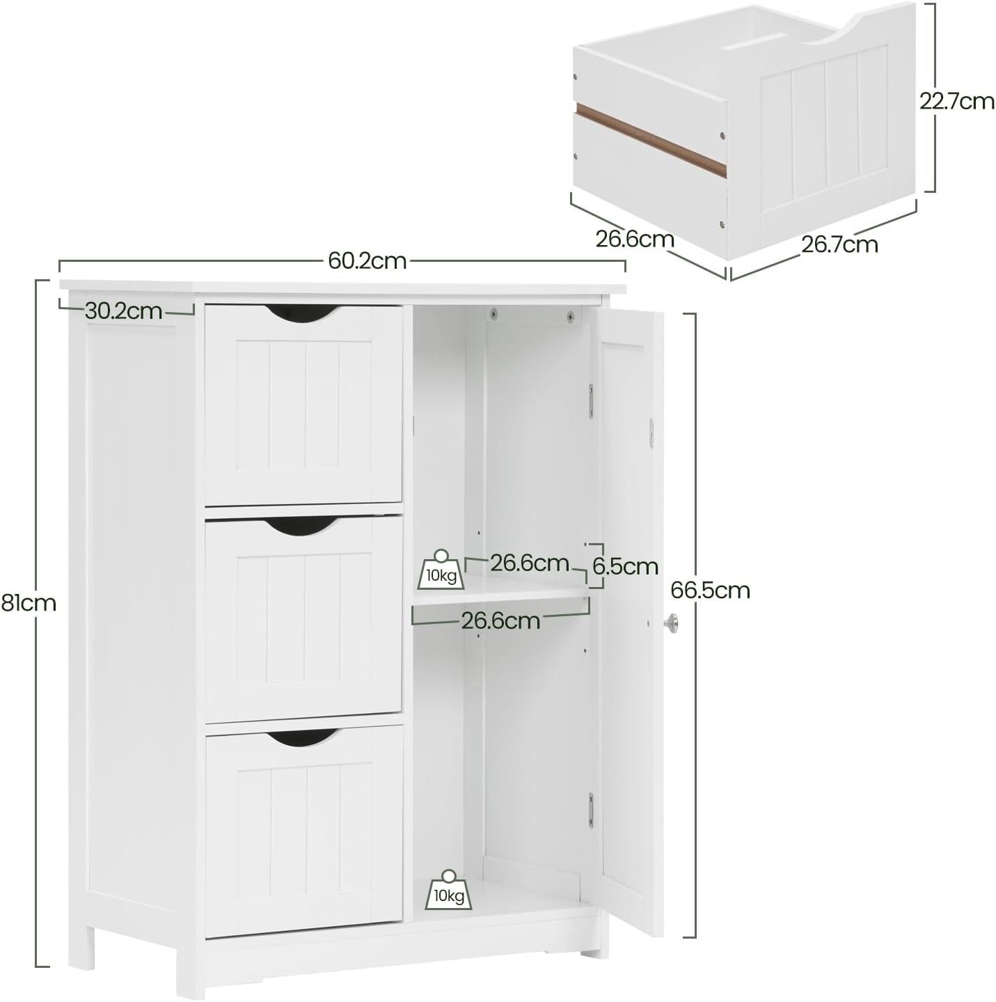 Woltu Kommode, mit 3 Schubladen 1 verstellbarem Einlegeboden, 60x81x30 cm