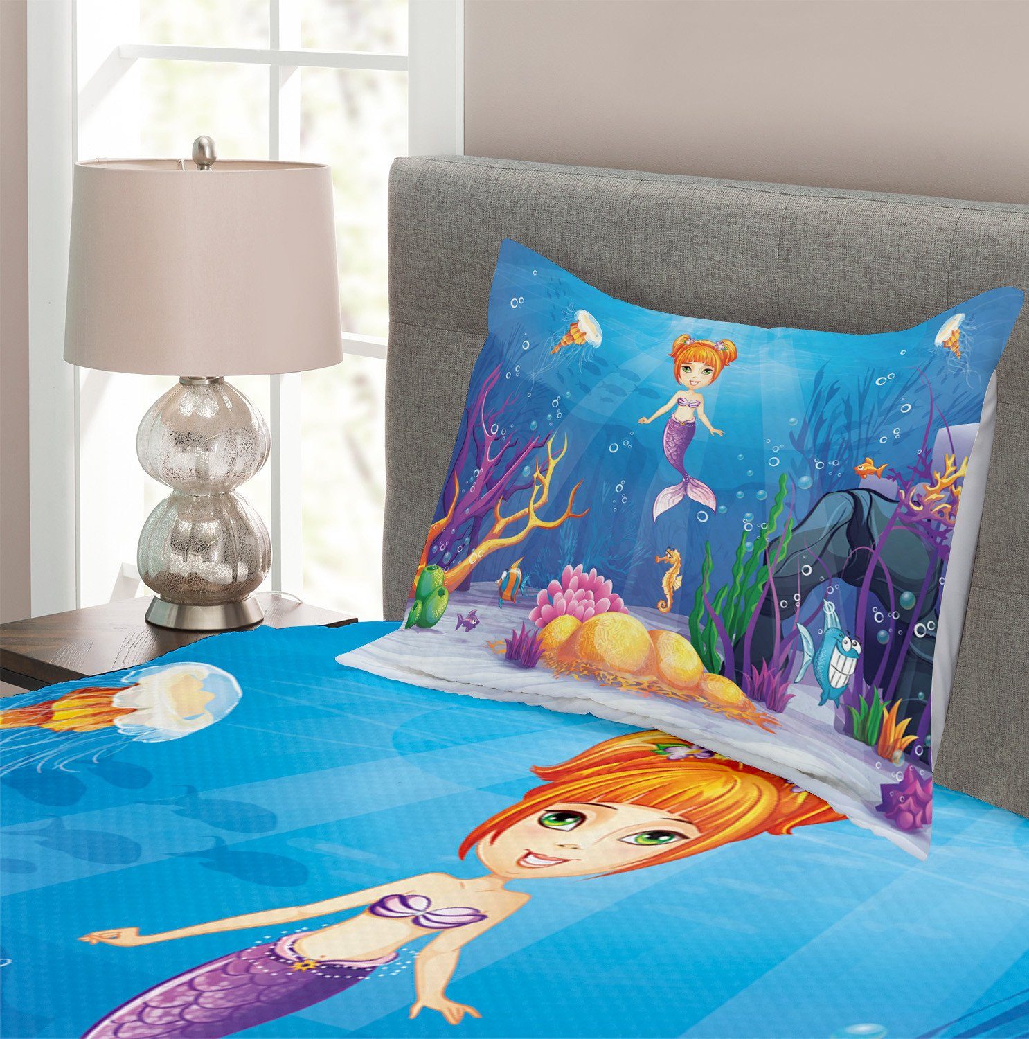 Tagesdecke Set mit Fisch Cartoon Bunt Waschbar, Mermaid Abakuhaus, Kissenbezügen