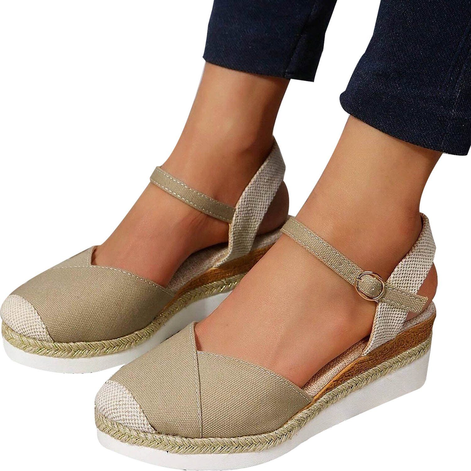 Daisred Damen-Sandalen Keilabsatz Keilsandalette Riemchensandale Sandale Beige