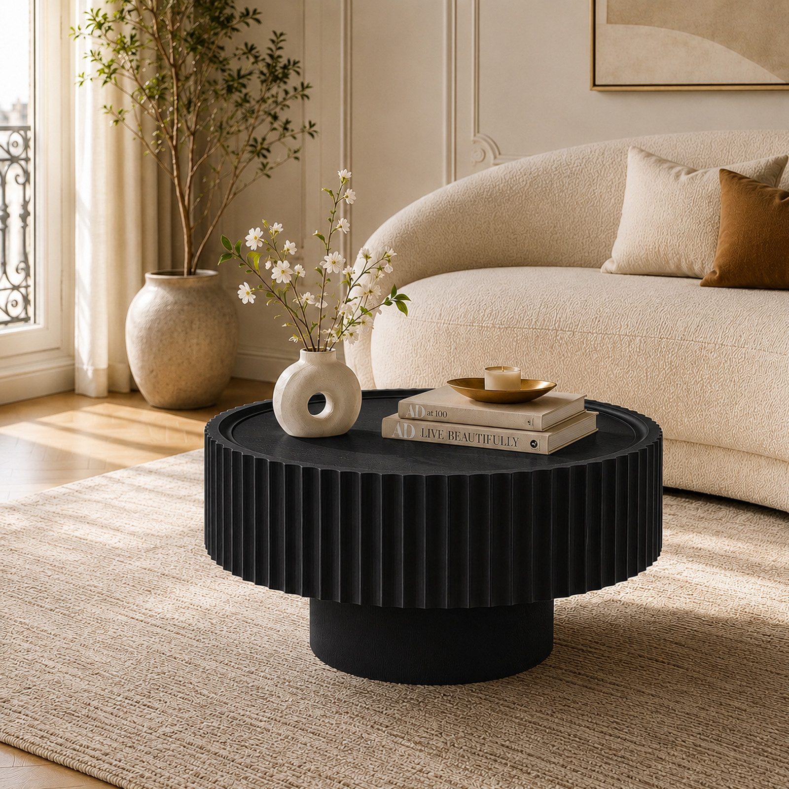 PEALOV Couchtisch runder Tisch mit Rillenoptik, Ø 70 × 38 cm (1-St), Moderner Sofatisch in Pilzform für Wohnzimmer und Lounge