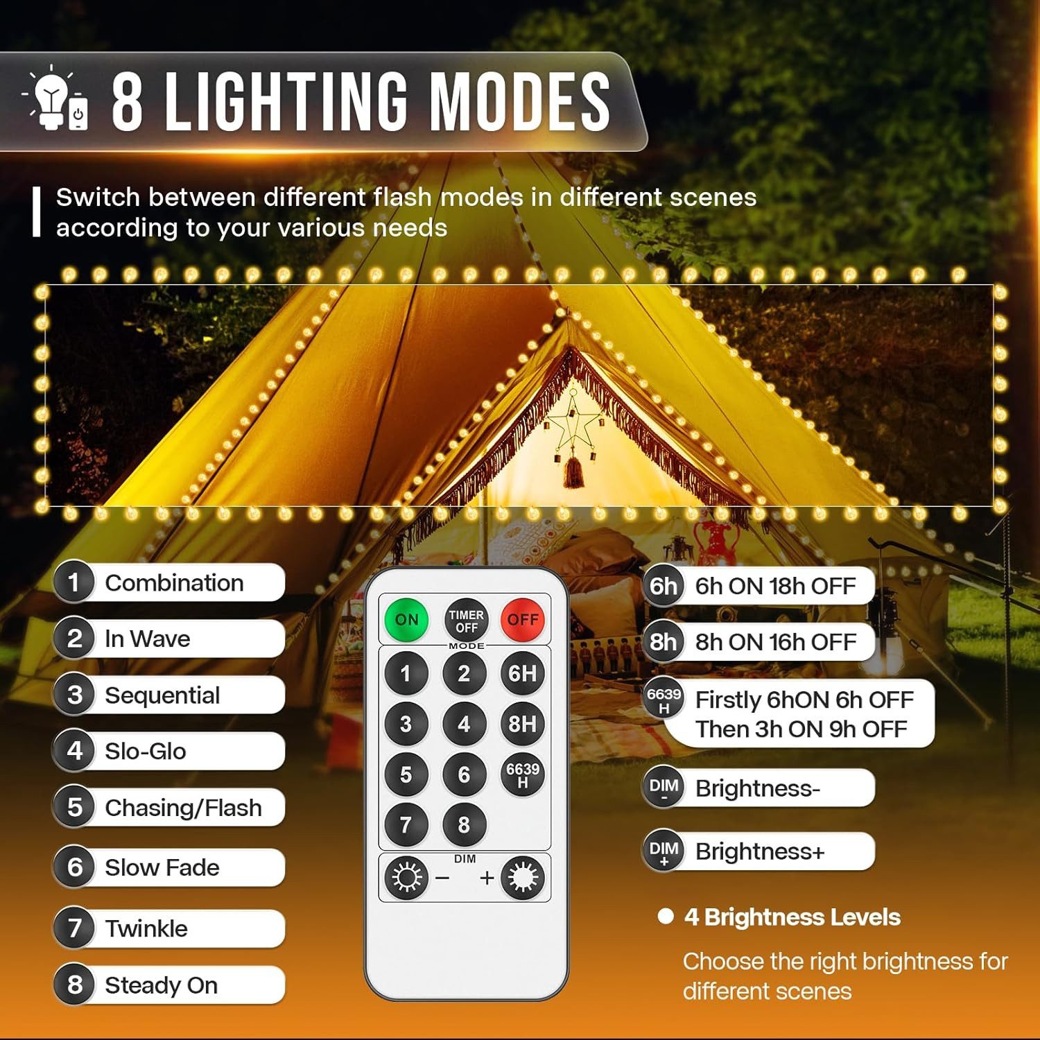 kowdom Lichterkette LED Lichterkette 15m Kugel 8 Modi dimmbar für Innen & Außen IP44, 15m, 100 LEDs, warmweiß, dimmbar, Timer, IP44 – Bild 4 von 5