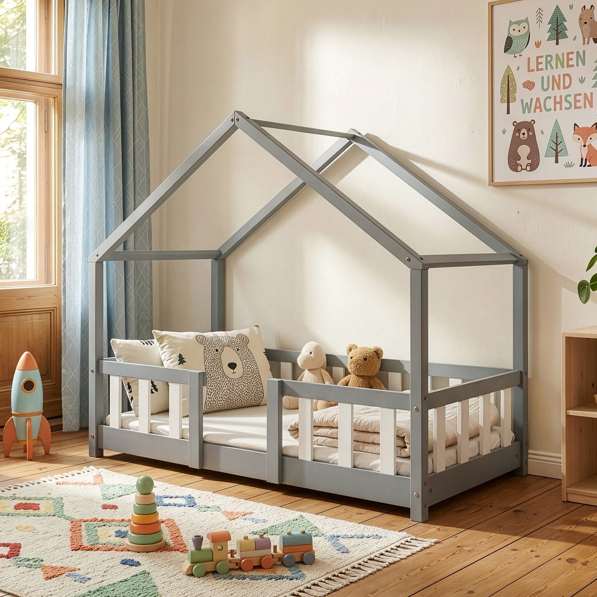 en.casa Kinderbett, »Treviolo« Haus-Optik Montessori 70x140 cm Hellgrau / Weiß