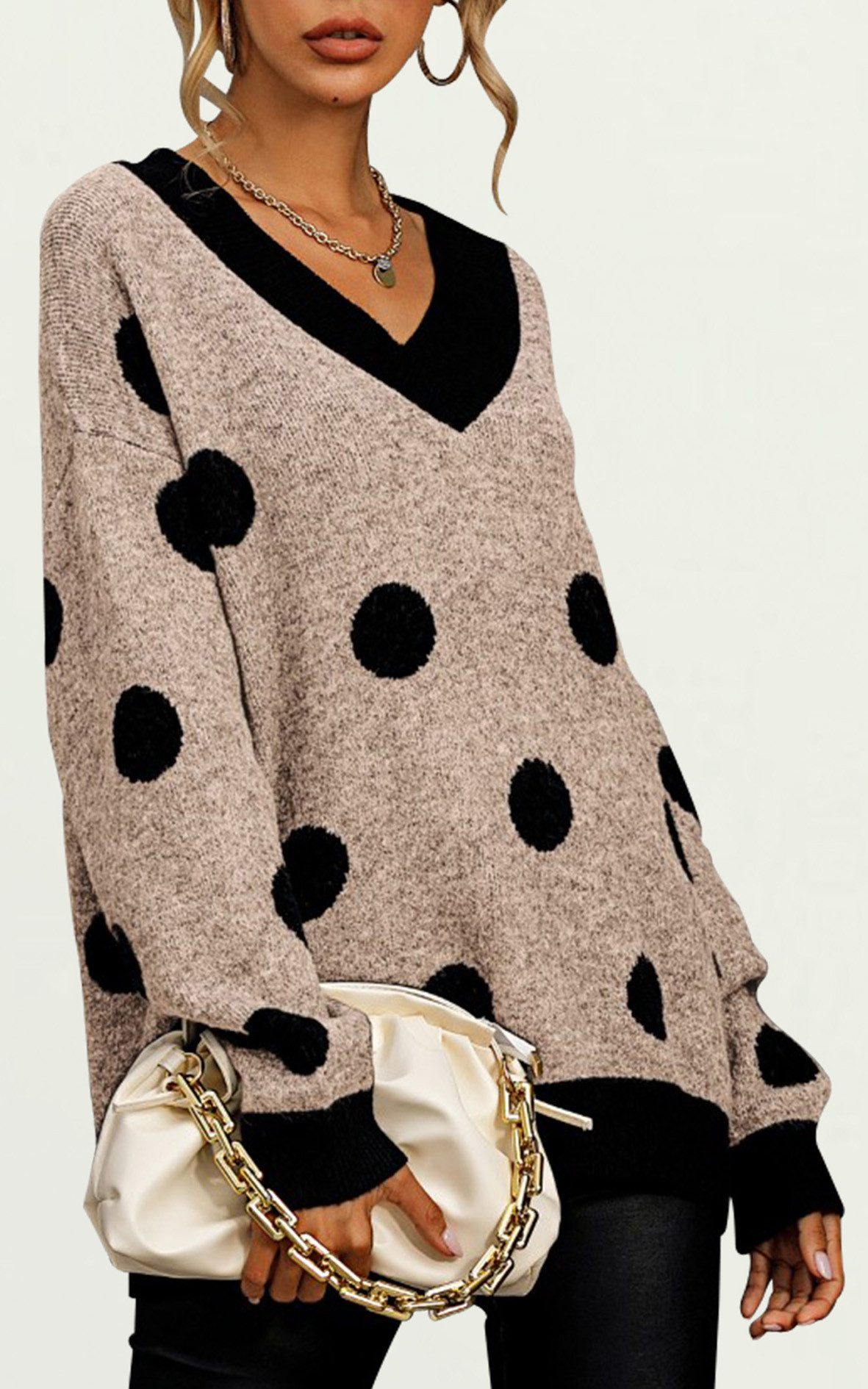 FS Collection Longpullover Damen Langarmpullover mit V-Ausschnitt und Punkt günstig online kaufen