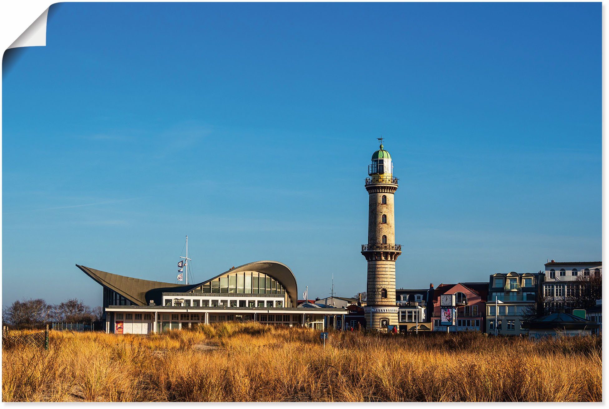 Artland Wandbild Leuchtturm in Alubild, als oder Größen Teepott mit in Wandaufkleber versch. Poster Leinwandbild, St), (1 Warnemünde, Gebäude