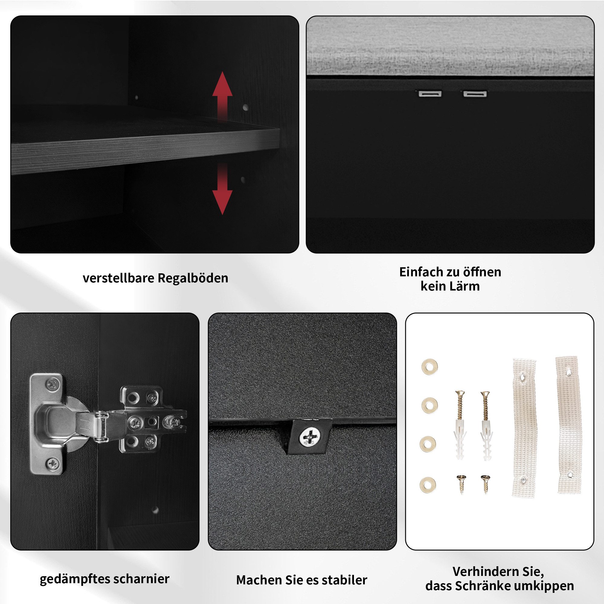 Flieks Schuhschrank (gepolsterter Sitzfläche und Metallgriff, ca 10 Paar Schuhe, 1-St., B120/T34/H82,8 cm) Schuhwechselhocker mit Seitenschrank Schuhbank mit 4  – Bild 5 von 5
