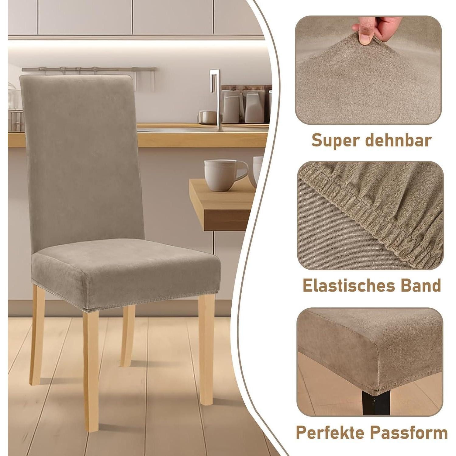 LuxusKollektion Stuhlbezug Stuhlhussen Stretch Samt Waschbar Schwingstuhl 4er Khaki 4 Stück – Bild 3 von 5