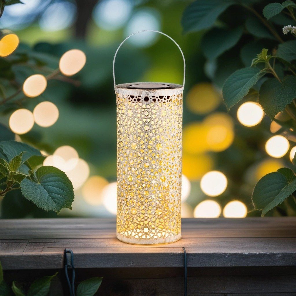 Marrakesch Orient & Mediterran Interior LED Solarleuchte Orientalische Solarlaterne Noum handgefertigt aus Metall in Weiß 30 cm, LED fest integriert, Handarbeit