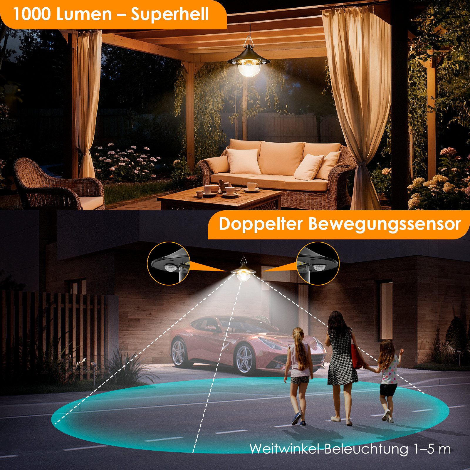 Quntis LED-Hängeleuchte hängeleuchte für außen Innen mit bewegungsmelder & Fernbedienung, LED, Warmweiß, 4500mAh 3 Farbe/5 Modi LED Solar Hängelampen, IP65, 5m Kabel