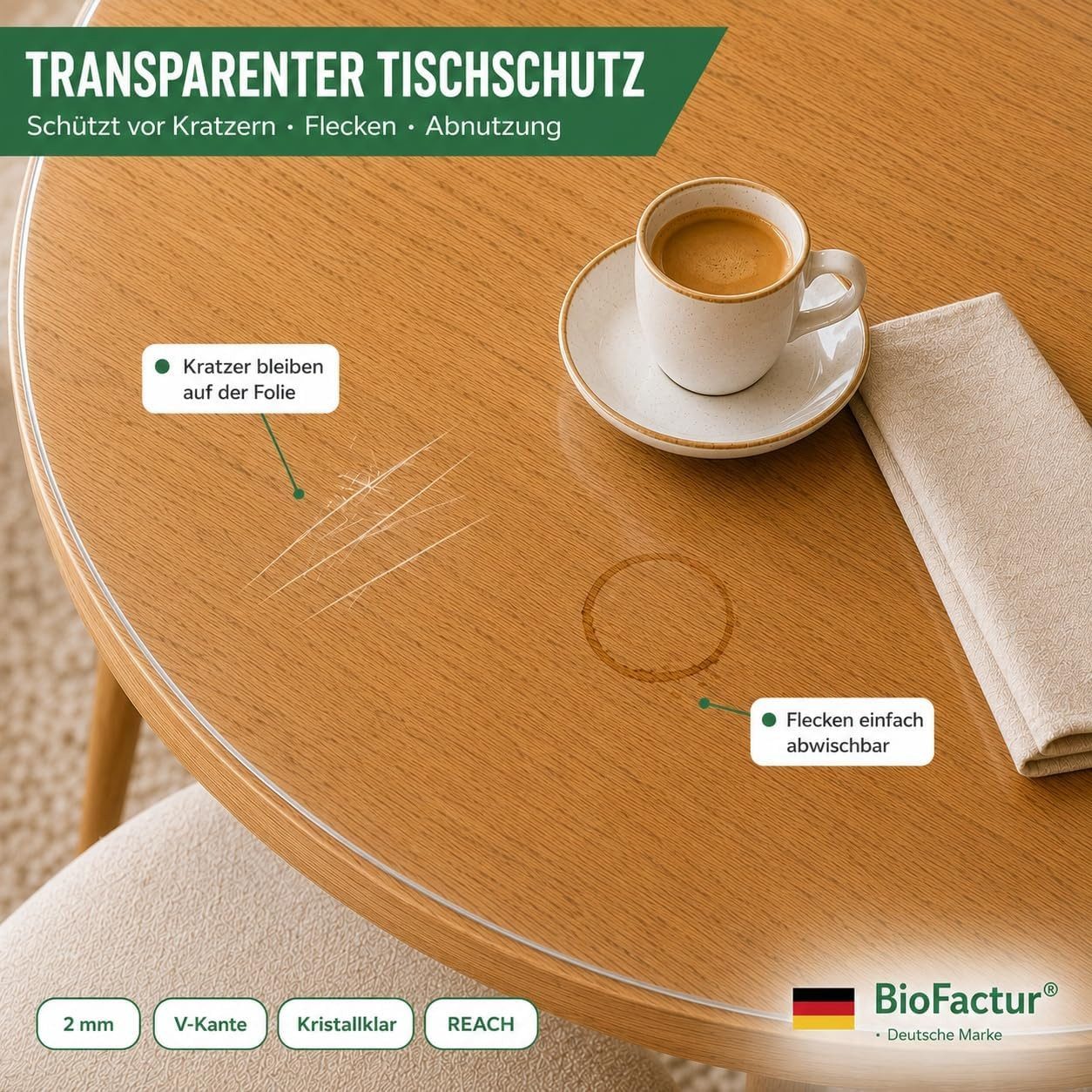Biofactur Tischdecke Tischfolie Rund Transparente Tischschutzfolie Glasklar 2 mm V Kante, Kratzfest, wasserabweisend, abwischbar, pflegeleicht, REACH-konform