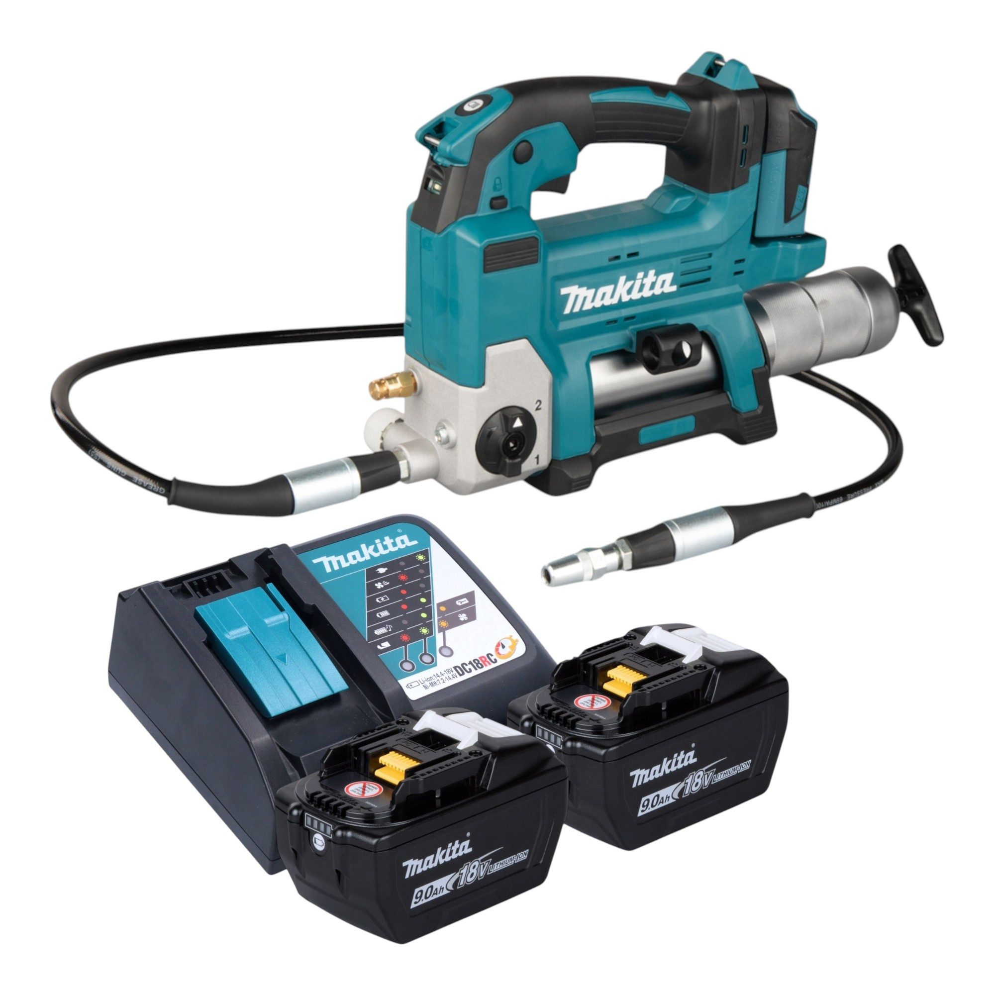 Makita Werkstattpresse DGP 180 Z 18 V 690 bar + 2x Akku 9,0 Ah + Ladegerät
