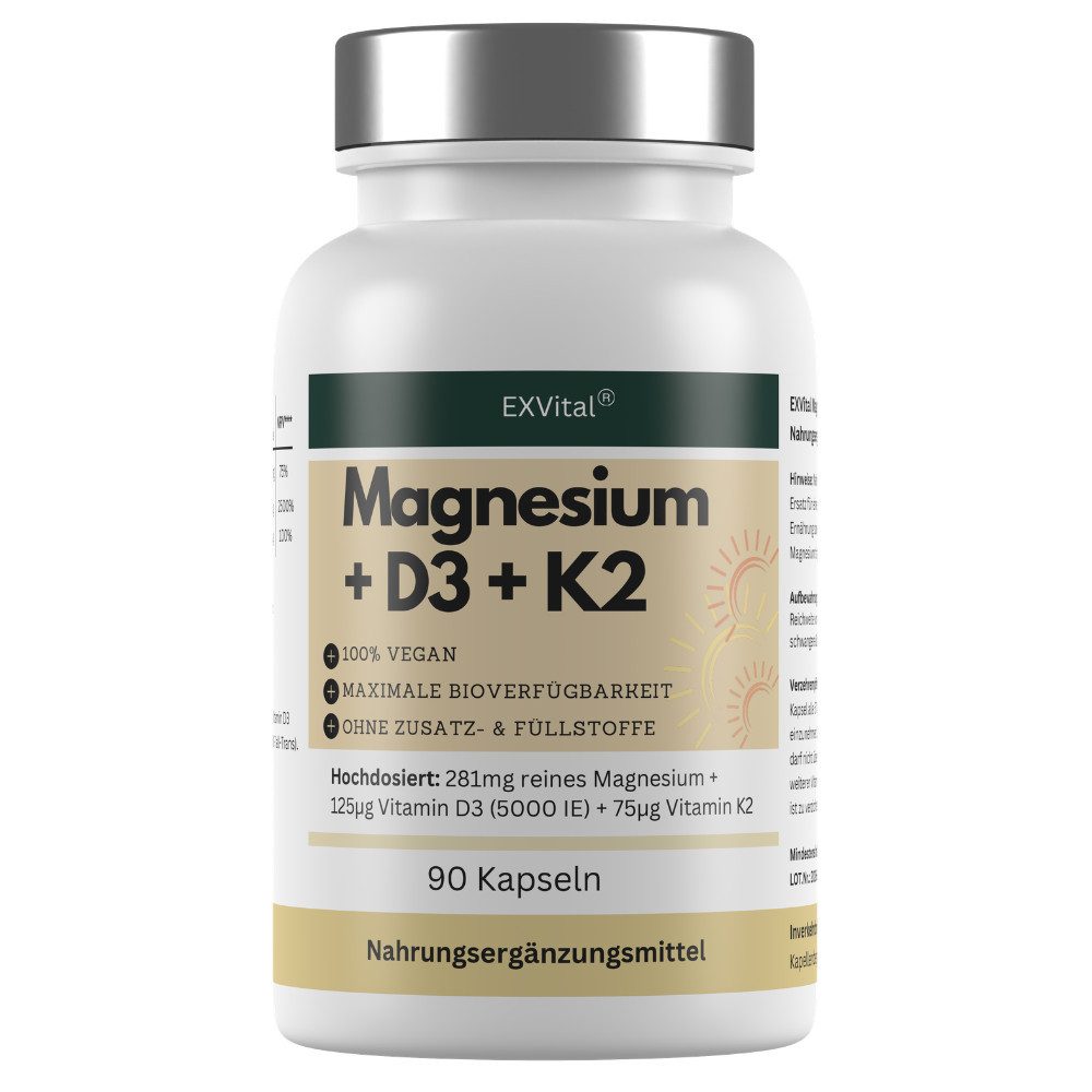 Magnesium + D3 + K2, hochdosiertes Magnesium Komplex, 90 Stück Kapseln, 54 g