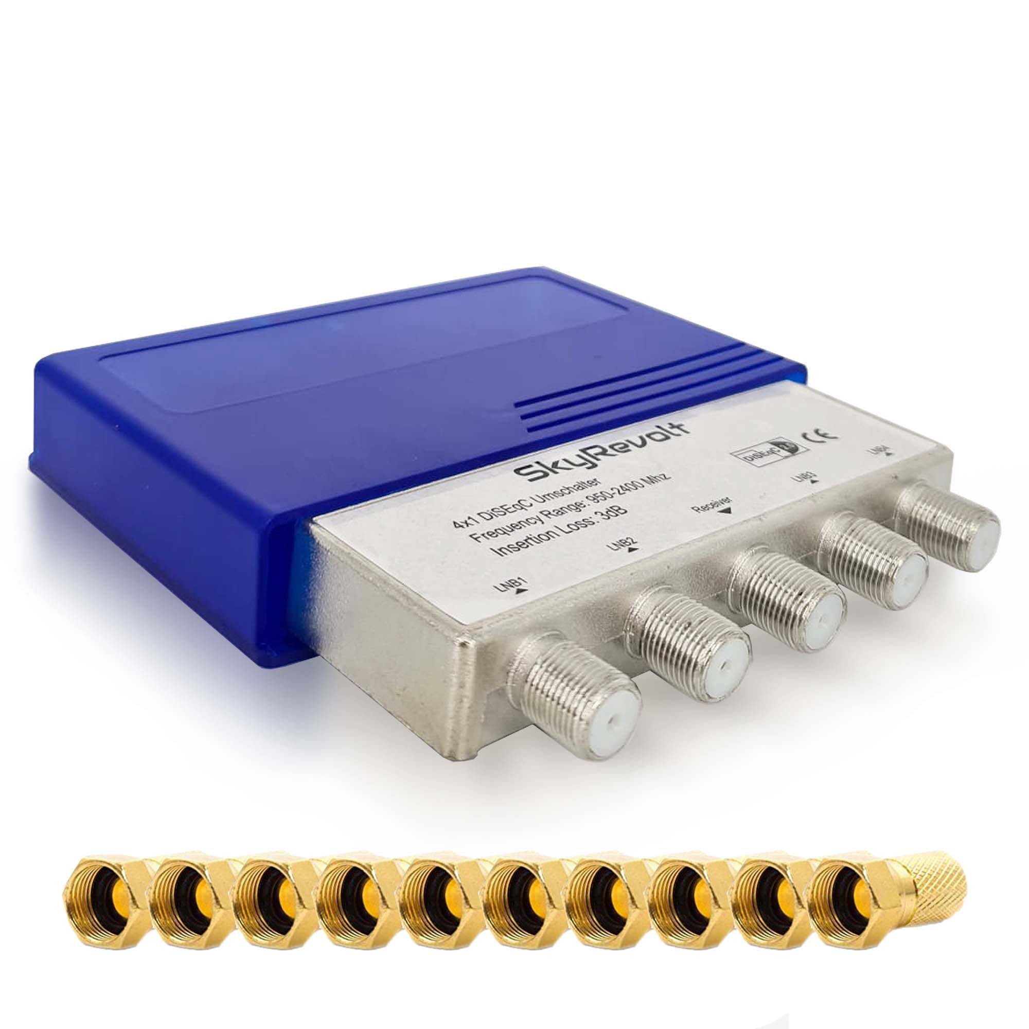 SkyRevolt Дистрибьютор сат DiSEqC Schalter 4/1 SAT Umschalter Wetterschutz 10x F-Stecker