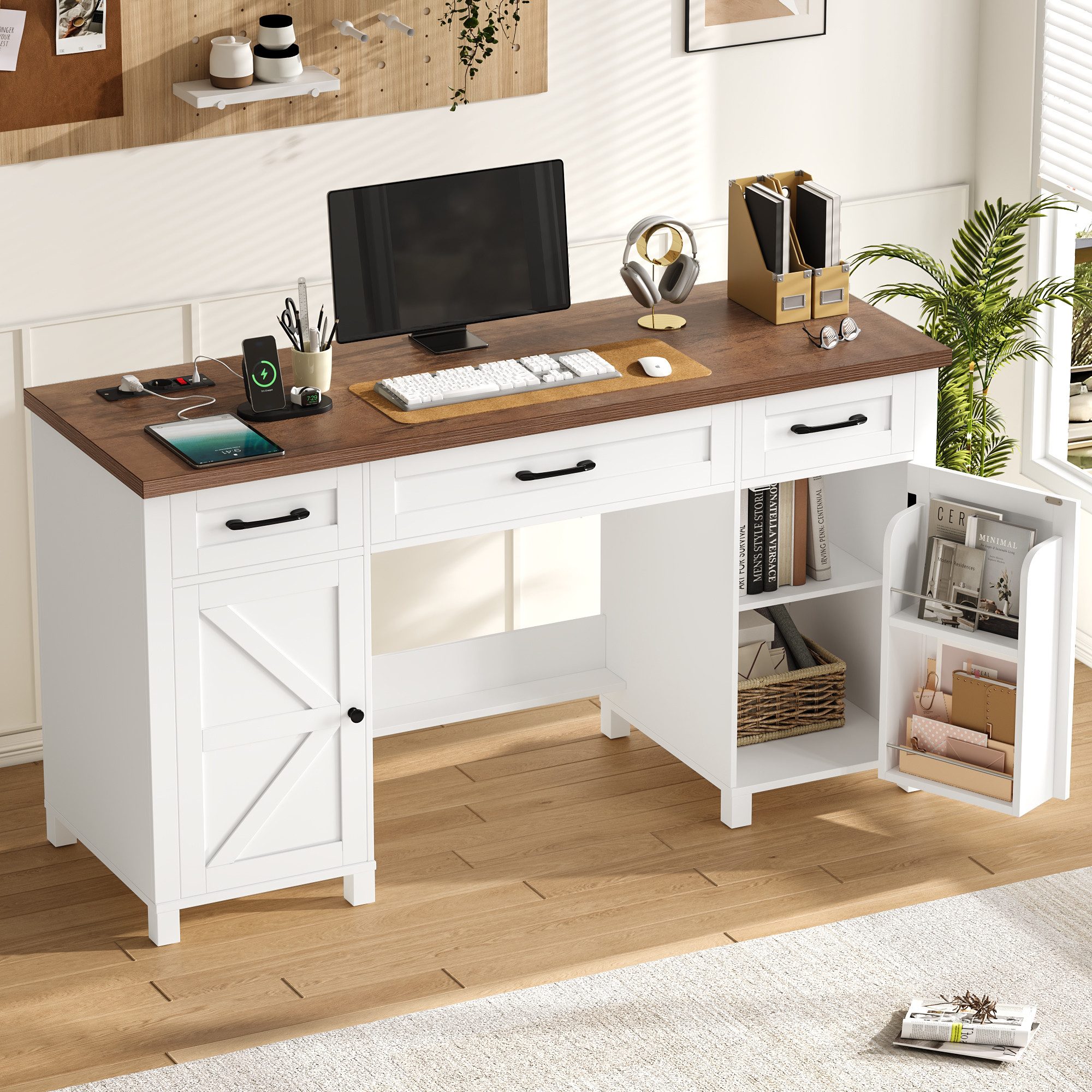 Homfa Schreibtisch mit Steckdose Computertisch mit Schubladen 150 x 48 cm, Schreibtisch mit Stauraum, Schminktisch, 2 AC und 2 USB, weiß
