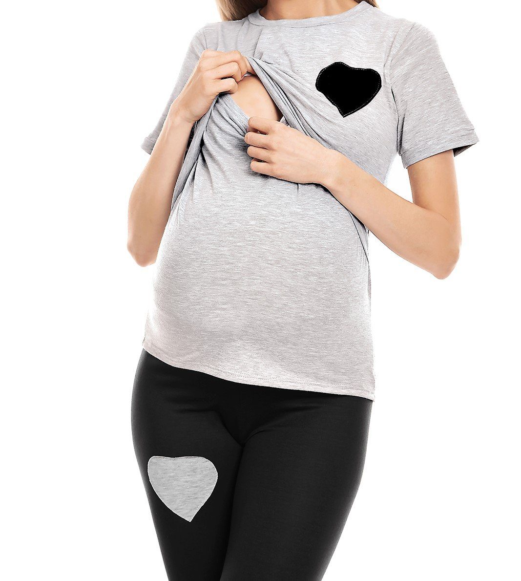 PeeKaBoo Umstandspyjama Schlafanzug Stillen Stillschlafanzug grau/schwarz Schwangerschaft