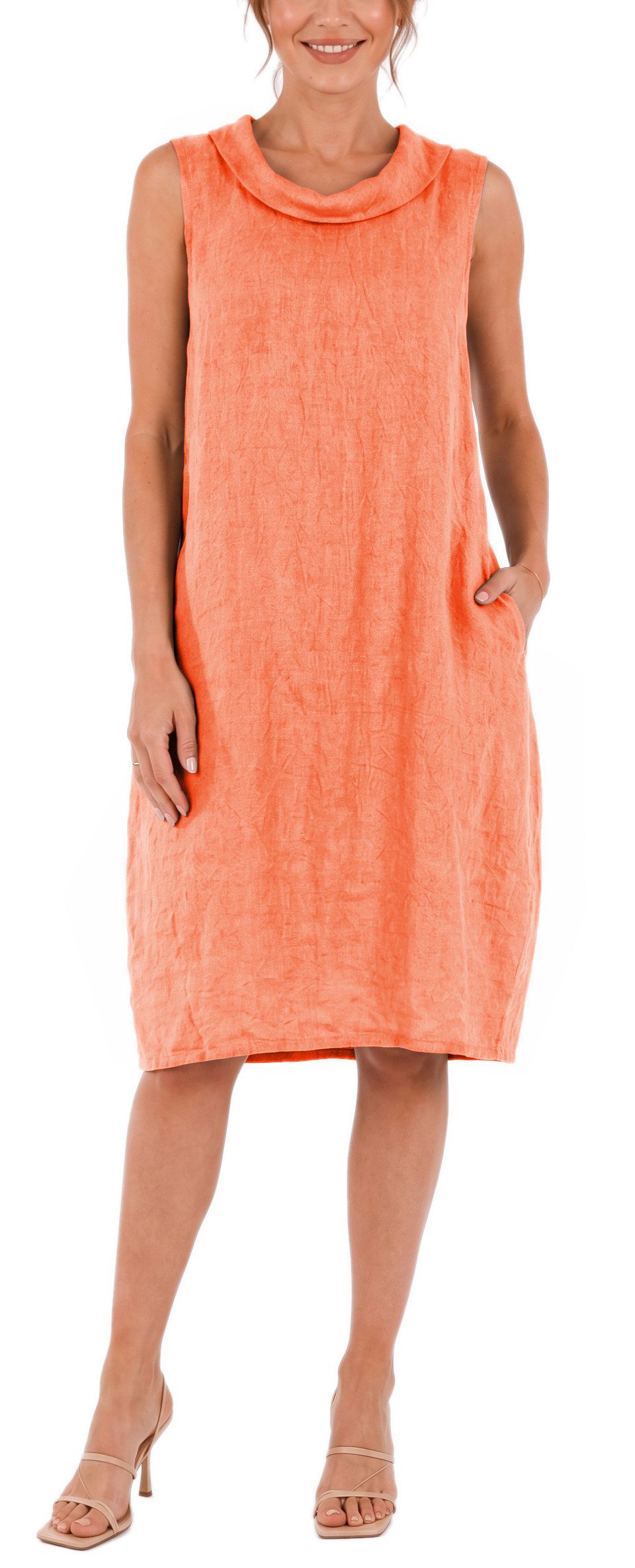 dy_mode Midikleid Damen Leinenkleid Luftiges Midi Sommerkleid Ballonkleid Strandkleid in Unifarbe, Wasserfallkragen, mit seitlichen Eingriffstaschen