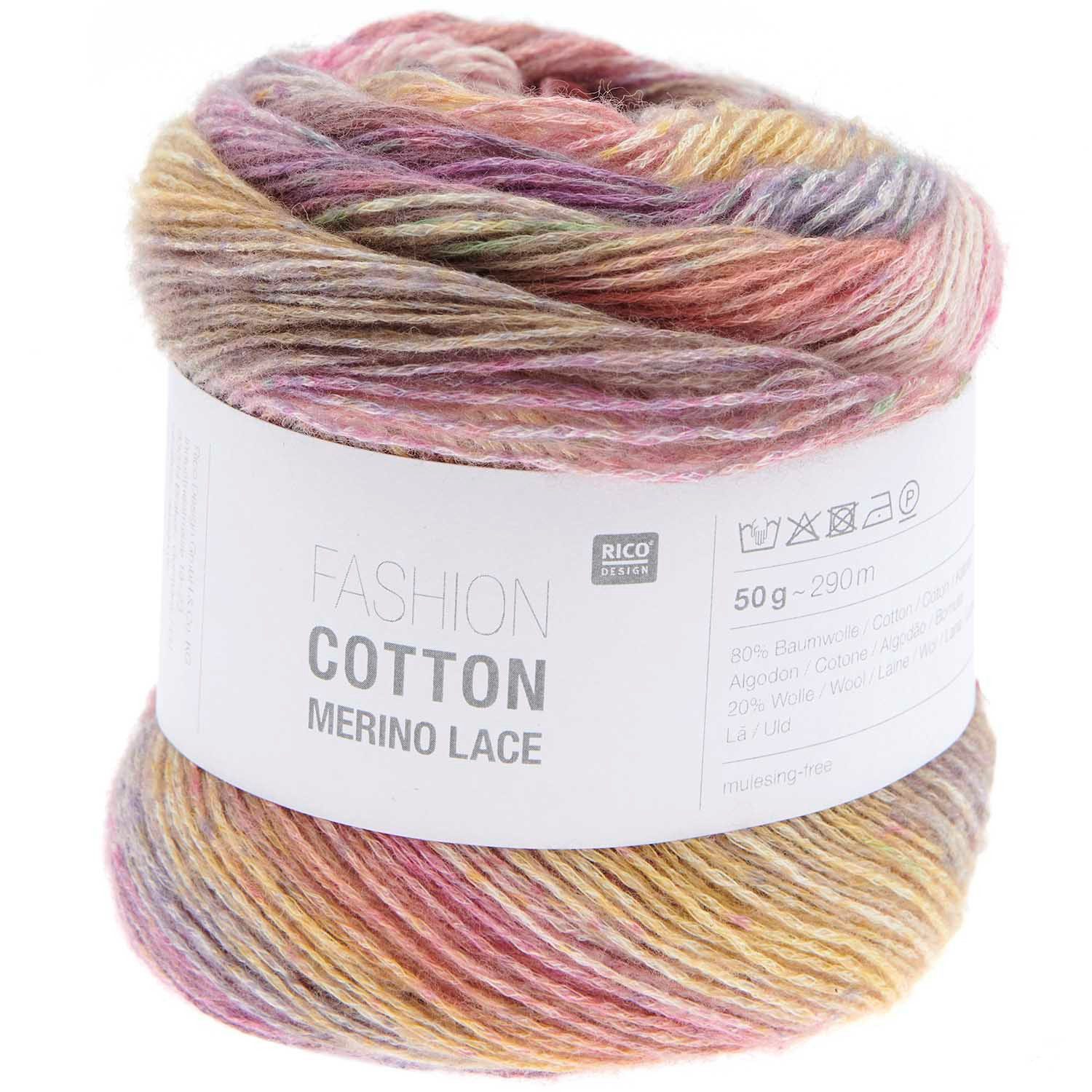 Rico Design Wolle Fashion Cotton Merino Lace, 50g Lacegarn Häkelwolle, 290,00 m (Lacewolle aus Baumwolle und Merinowolle, Farbverlaufsgarn, Farbverlaufswolle), reines Naturfasergarn