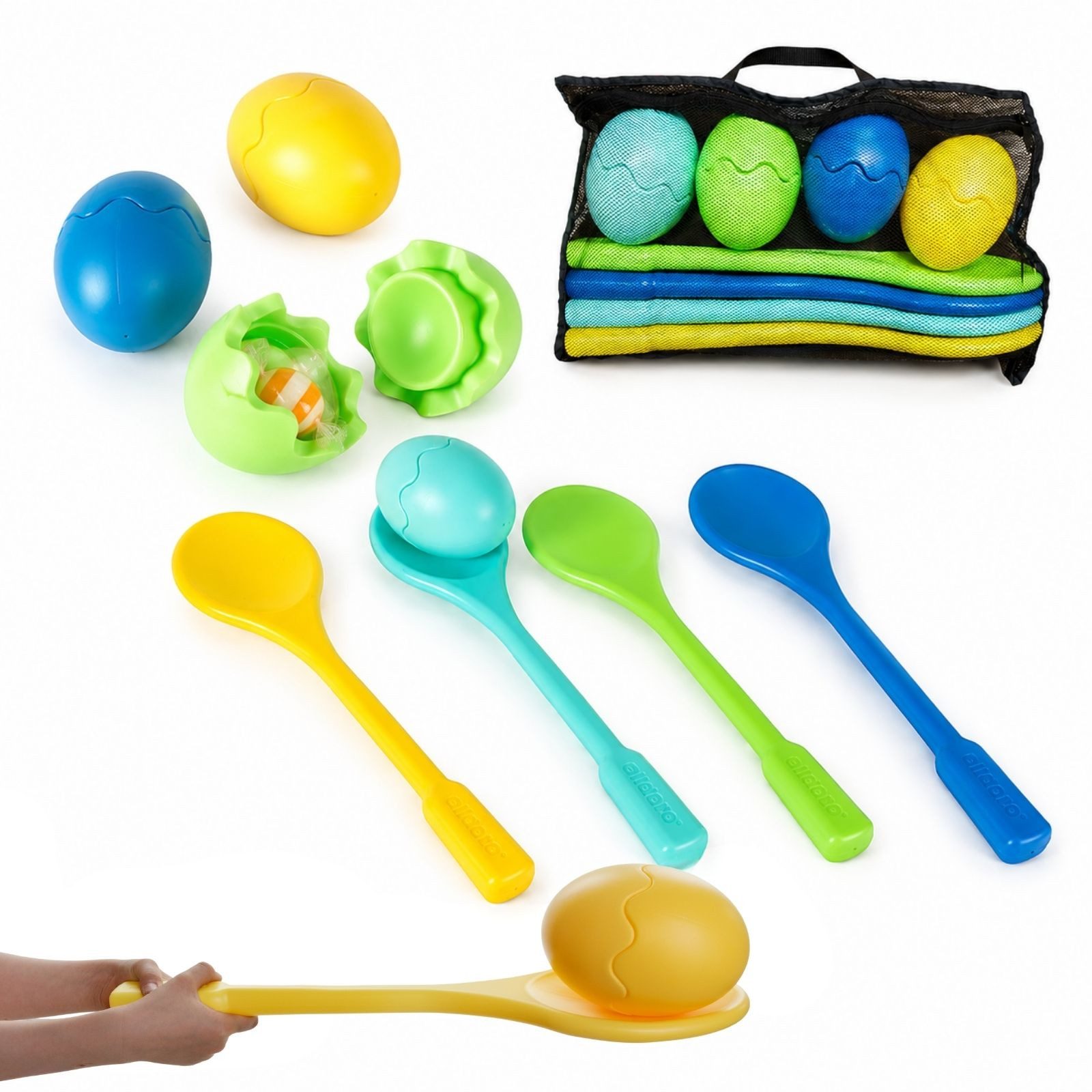 alldoro Spiel XXL Eierlauf-Spiel mit 50 cm langen Löffeln und befüllbaren Eiern, Riesen Eierlauf, Geschicklichkeitsspiel ab 3, für Kindergeburtstag, Garten & Sportfest