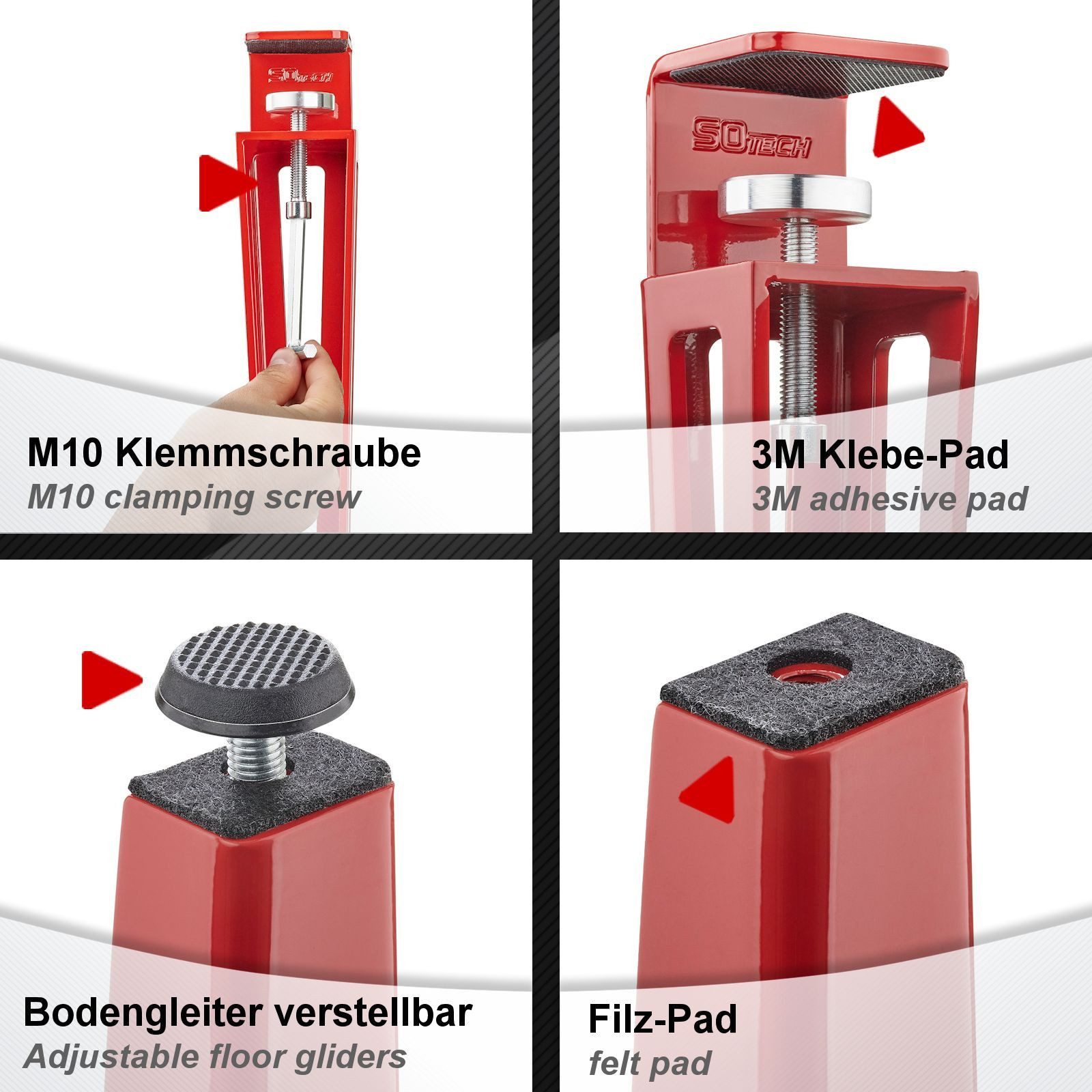 SO-TECH® Tischbein ColorLine in F-Form konisch zulaufend von 70 auf 40 mm, mit Klemmschraube (ohne Bohren) - rot - Höhe 464 mm - 4x