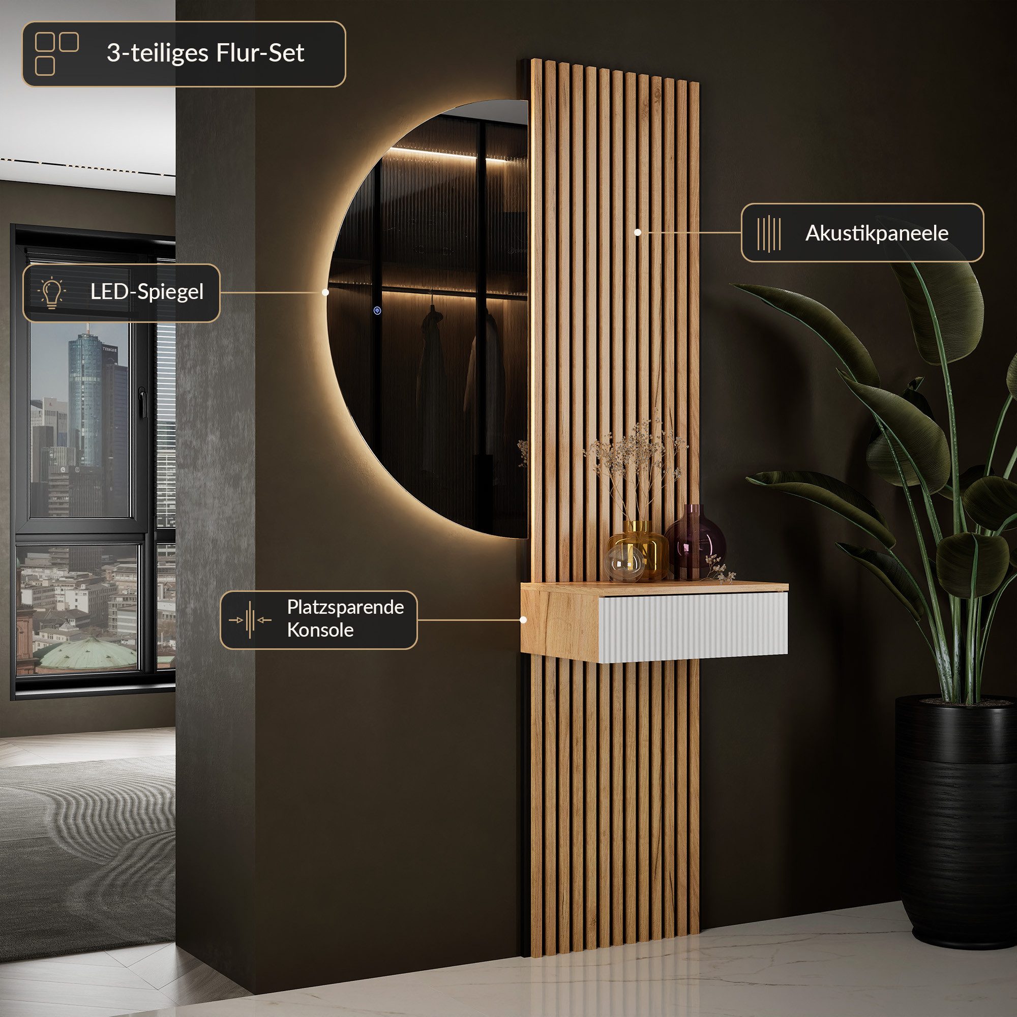 Planetmöbel Garderoben-Set AMYRA Flur Garderobe Spiegel mit Beleuchtung & Akustikpaneele, (LED Spiegel Nivora 50 x 100 cm, Touch-Funktion, Dimmbar, Konsolentisc – Bild 3 von 5