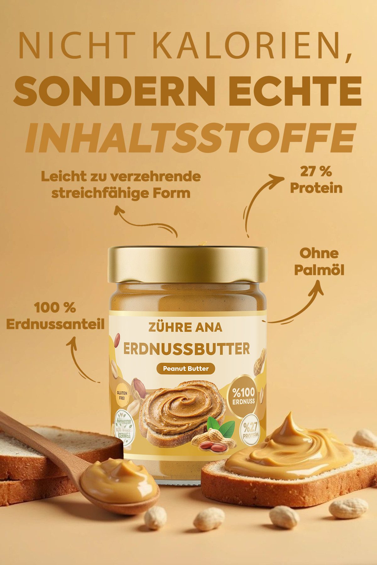Zühre Ana® Nussaufstrich Erdnussbutter 315 g–100 % natürlich, ohne Zucker, cremig & vielseitig, 315 g, Natürliche, intensive Konsistenz und Aroma %100 Fıstık